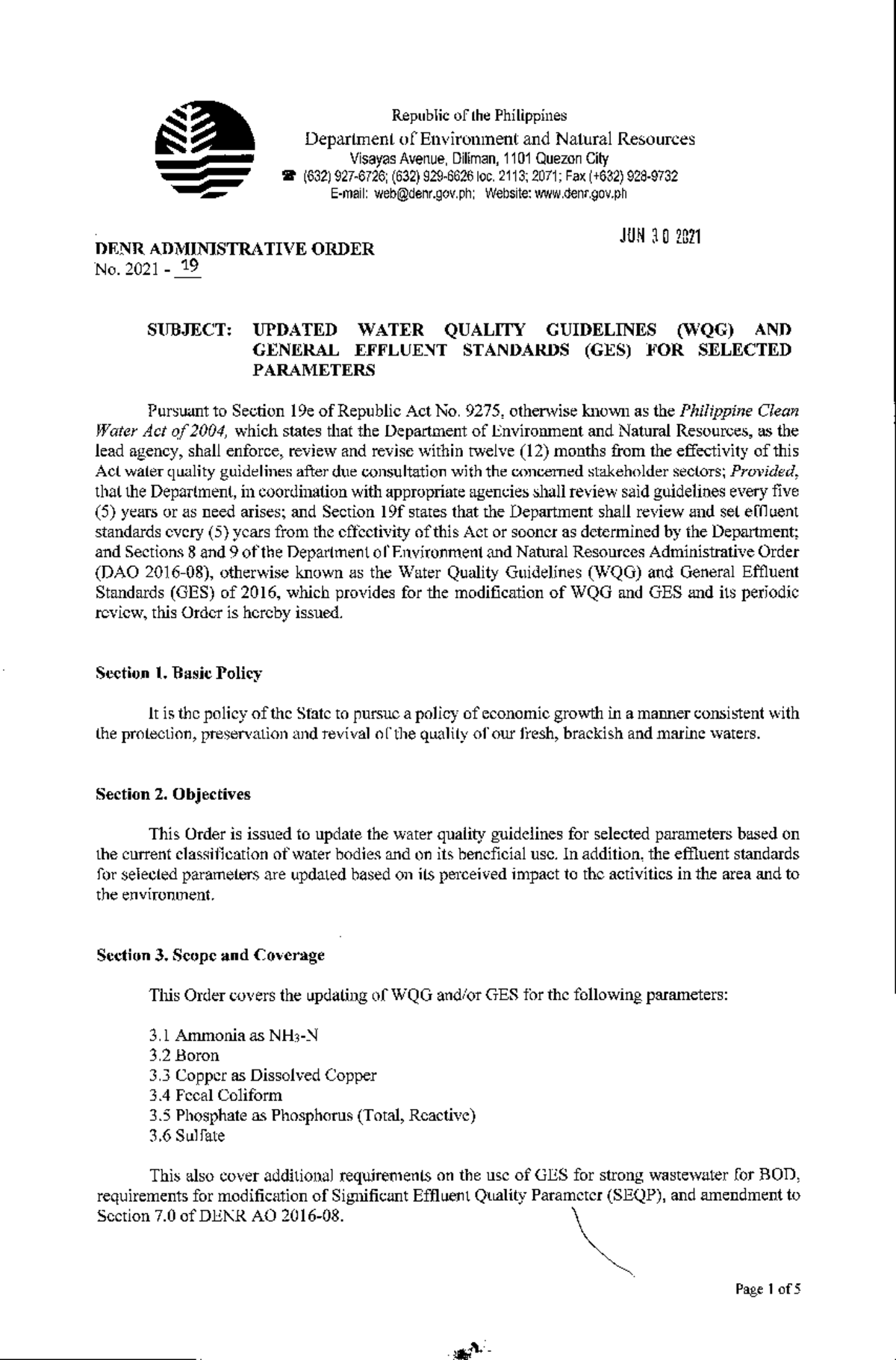 Updated Water Quality Guidelines (WQG) AND General Effluent Standards