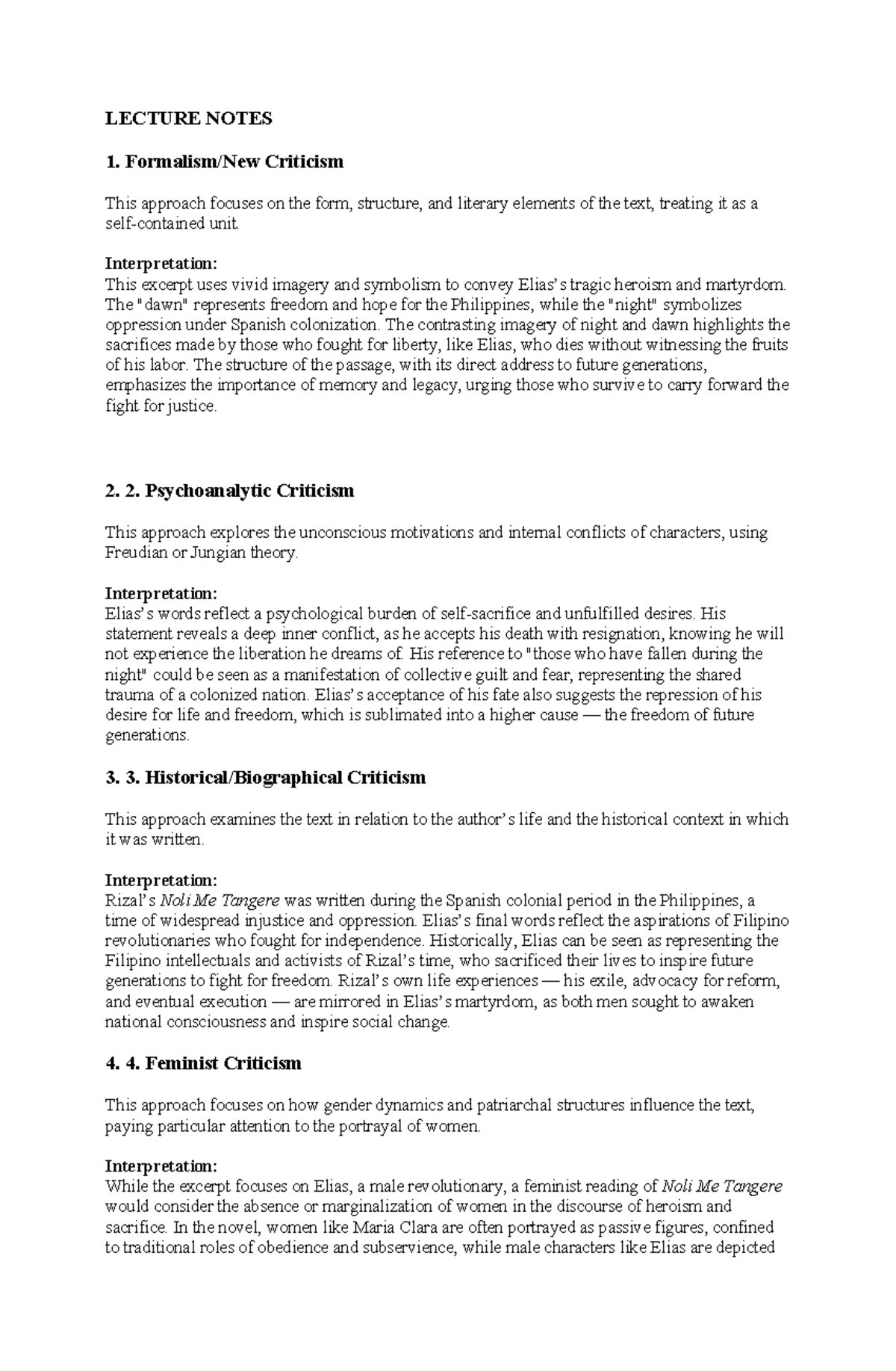 Lecture Notes - LECTURE NOTES 1. Formalism/New Criticism This approach ...