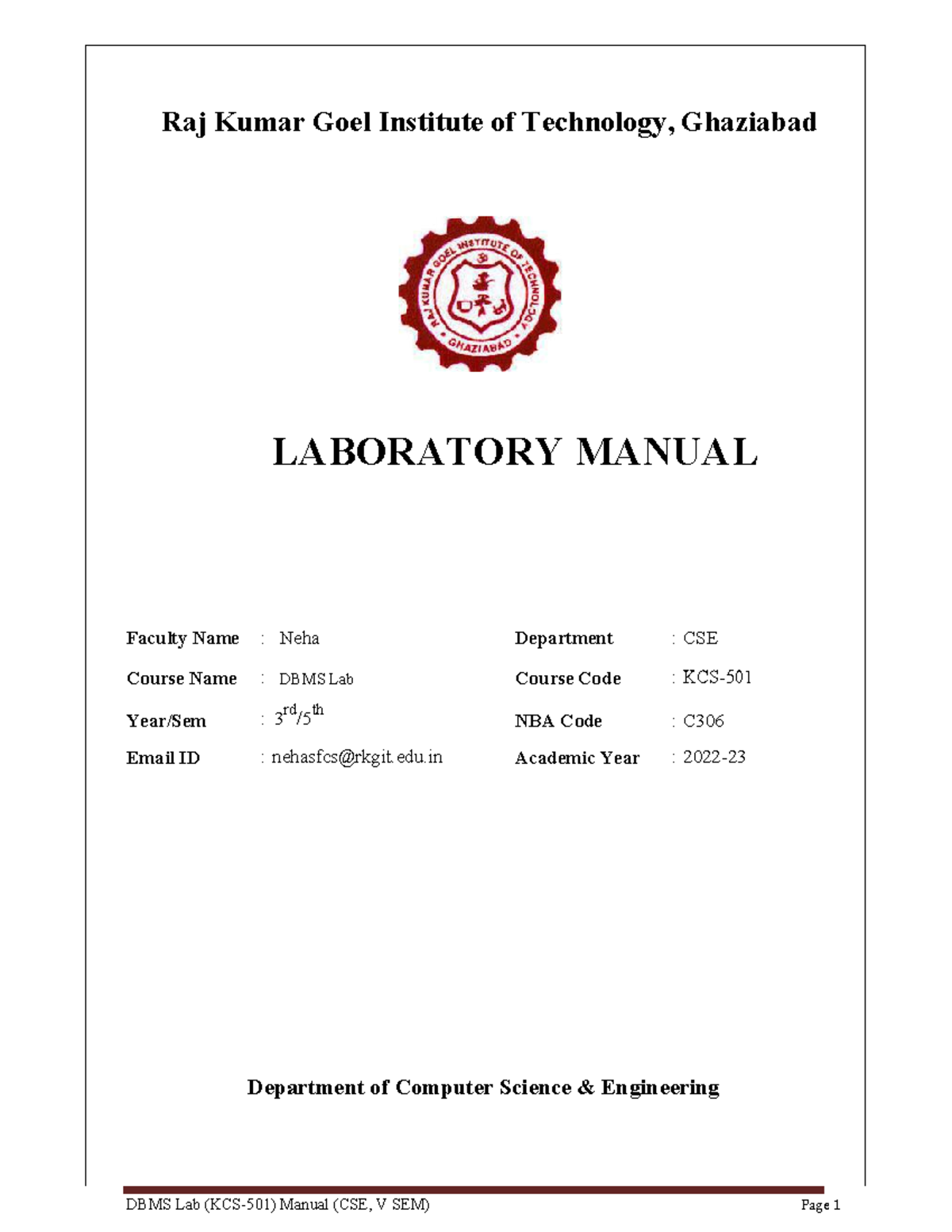 DBMS LAB Manual 202223 LABORATORY MANUAL Faculty Name Neha