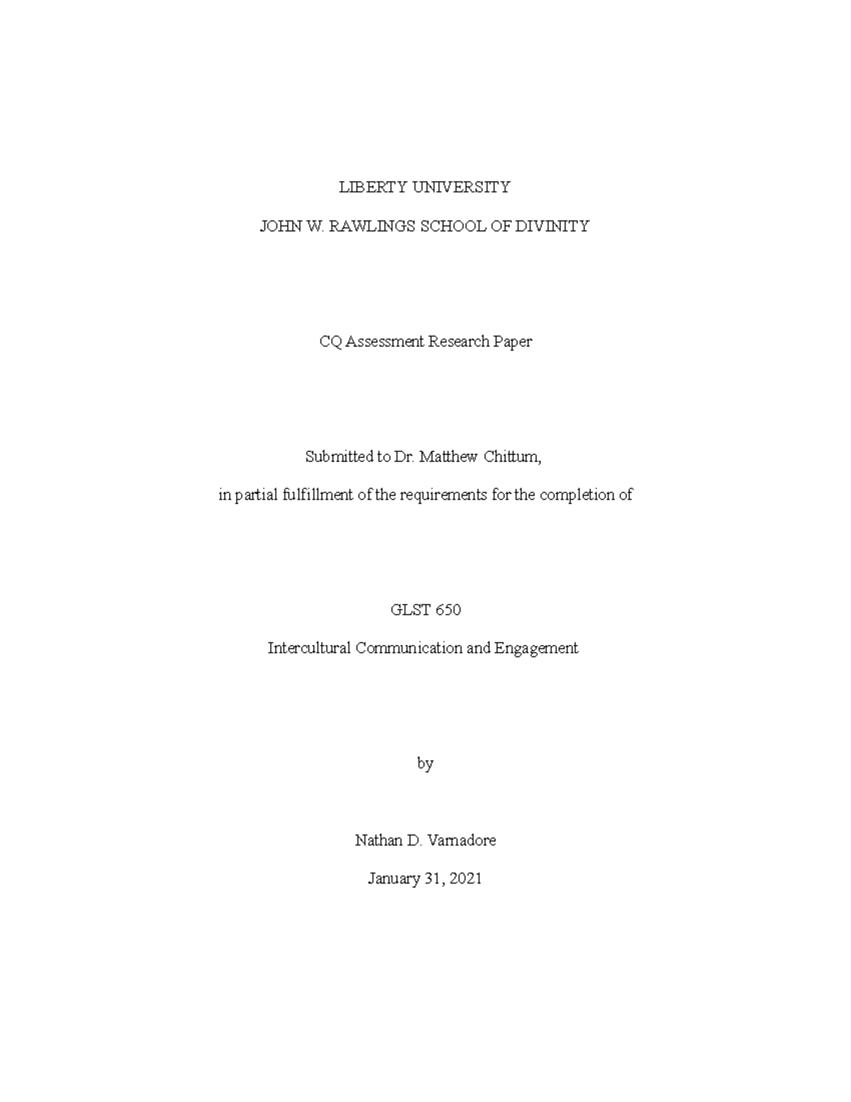 CQ Assessment Research Paper - LIBERTY UNIVERSITY JOHN W. RAWLINGS ...