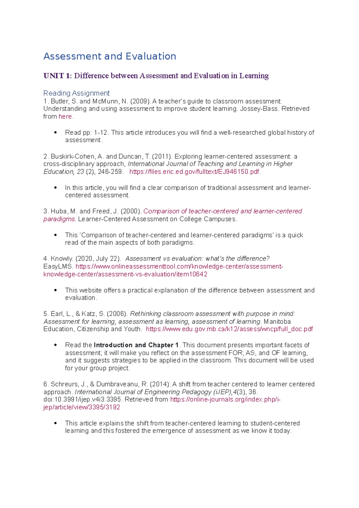 Assessment and Evaluation - Butler, S. and McMunn, N. (2009). A teacher ...
