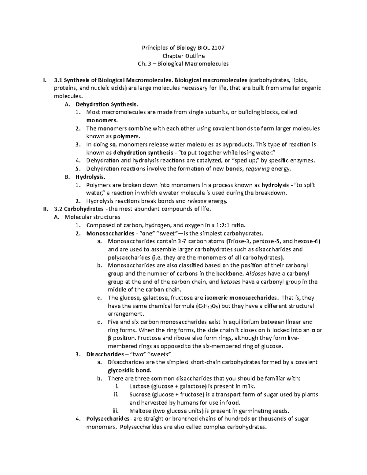 Ch - SUMMARY - Principles of Biology BIOL 2107 Chapter Outline Ch. 3 ...