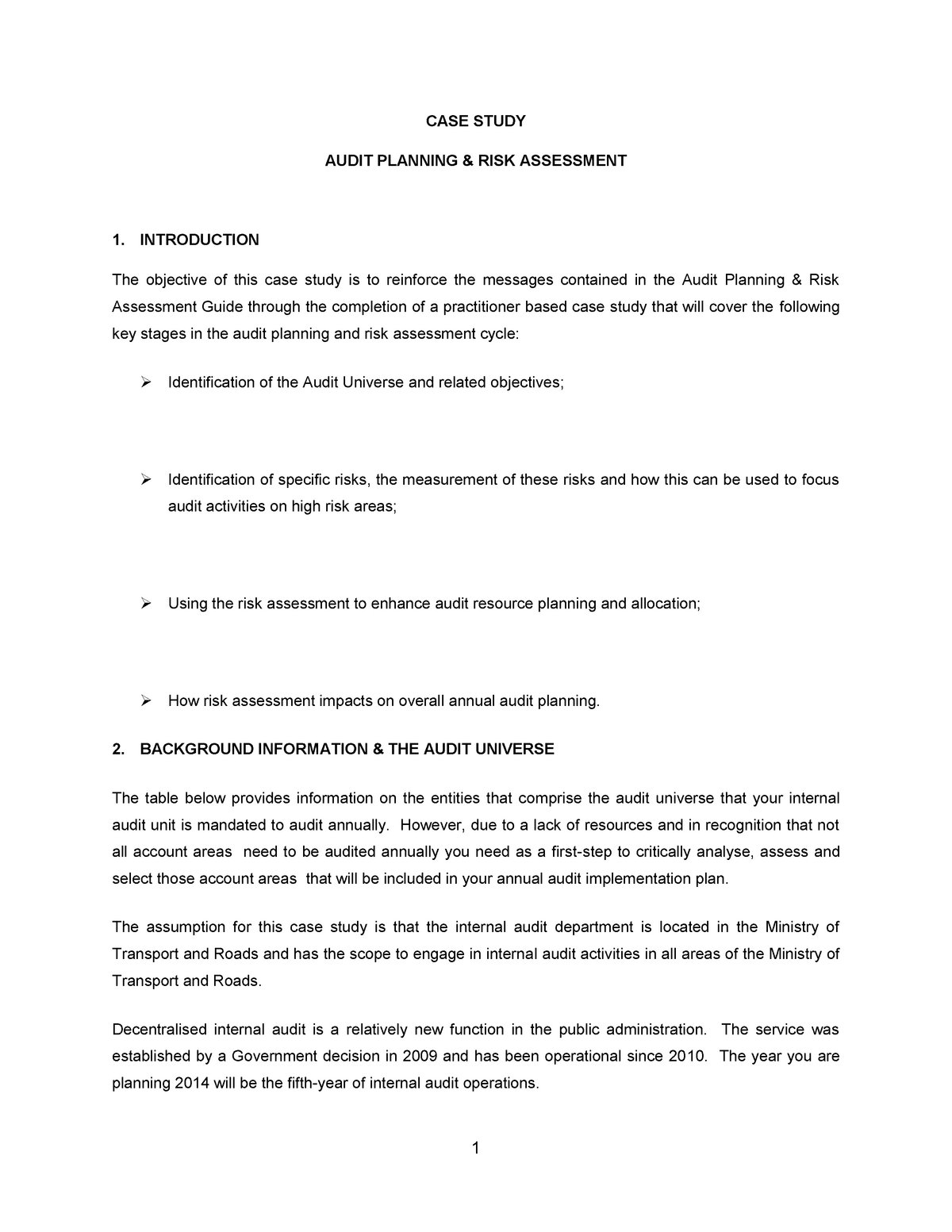 audit planning and risk assessment case study