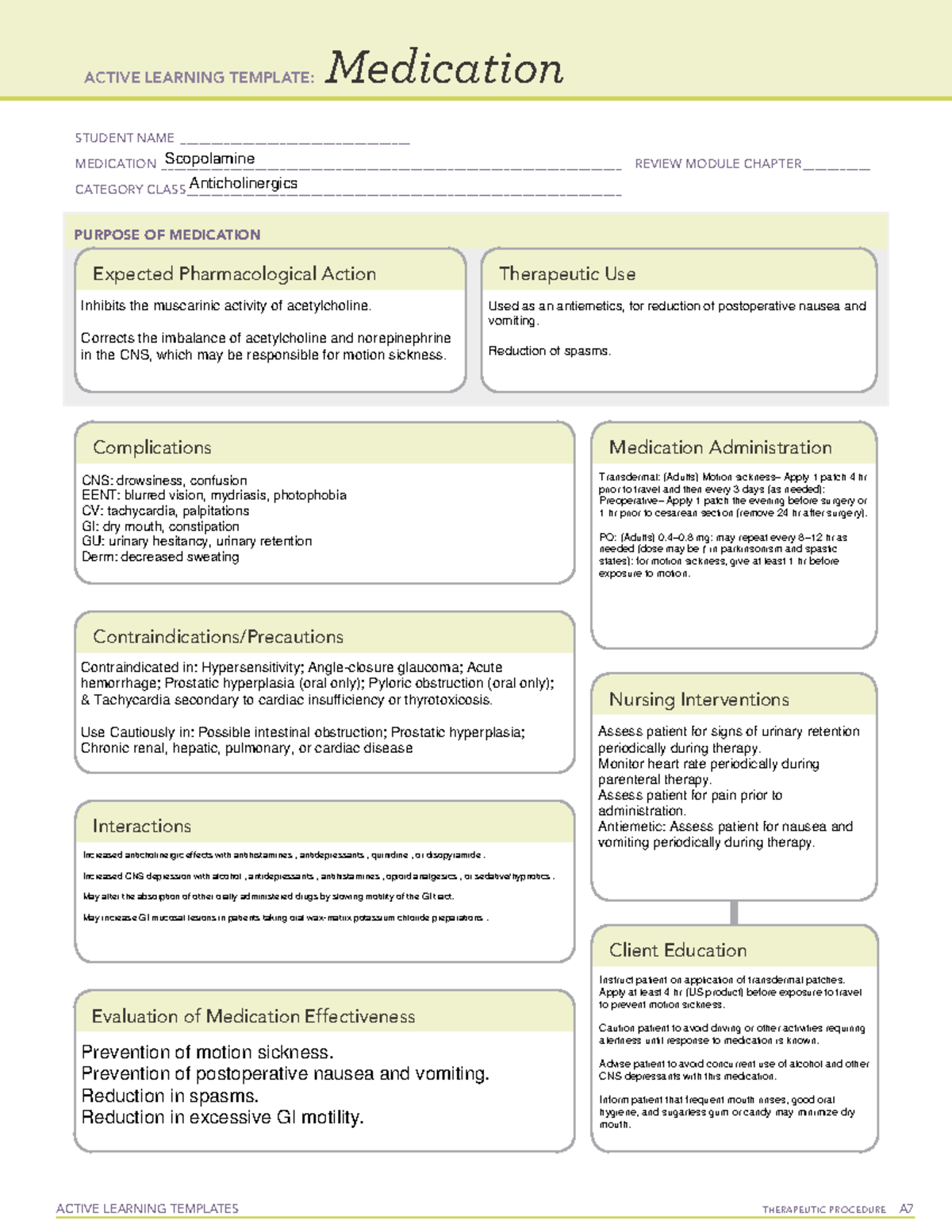 Scopolamine - Nursing Notes For Ati - Active Learning Templates 