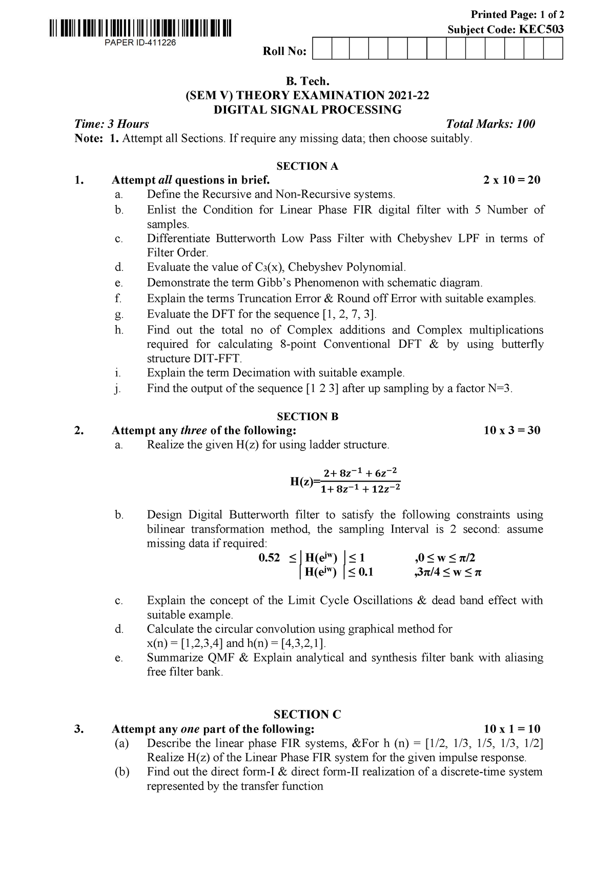 Btech Ec 5 Sem Digital Signal Processing Kec503 2022 - Printed Page: 1 ...