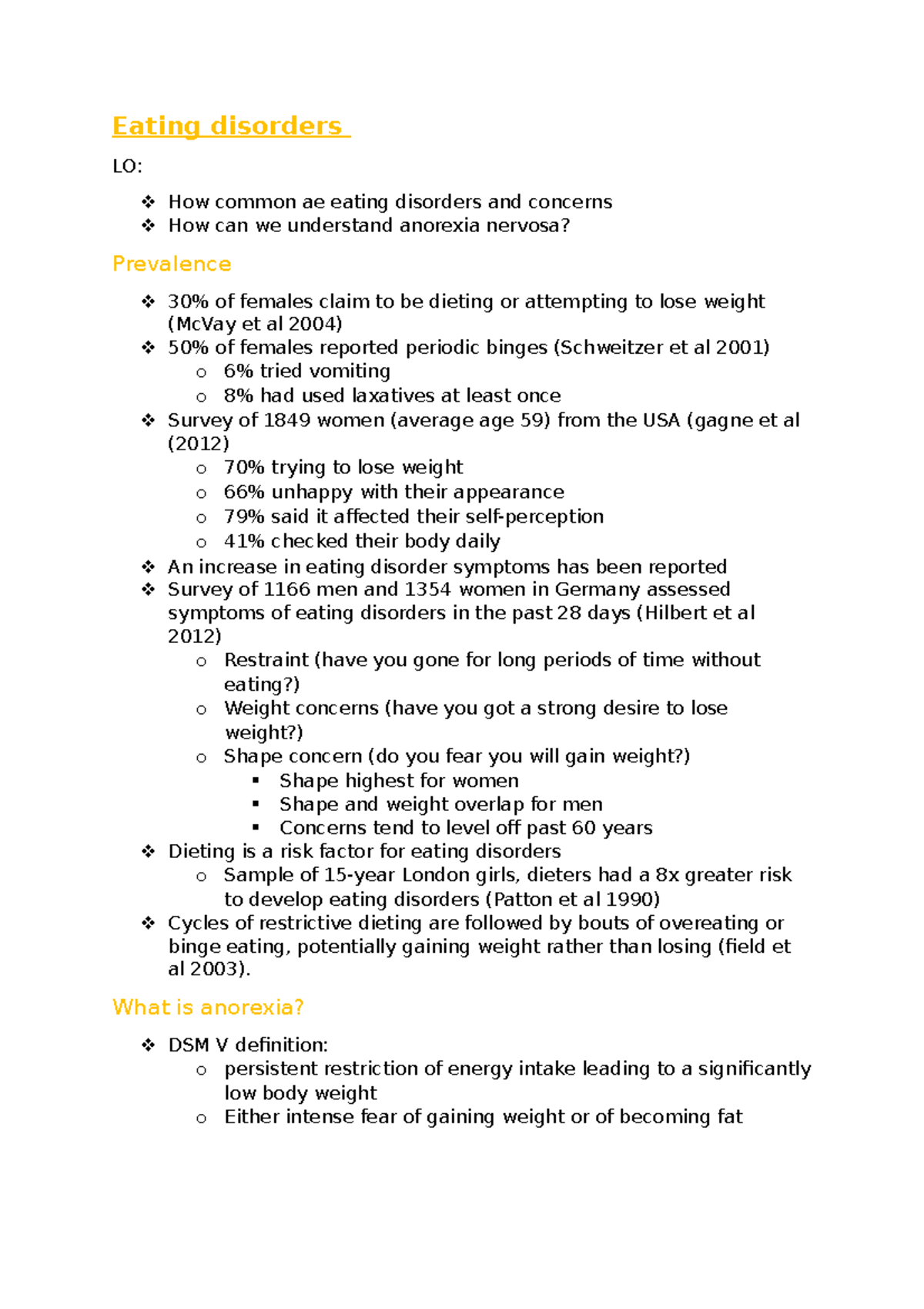 Week 7 eating disorders - Eating disorders LO: How common ae eating ...
