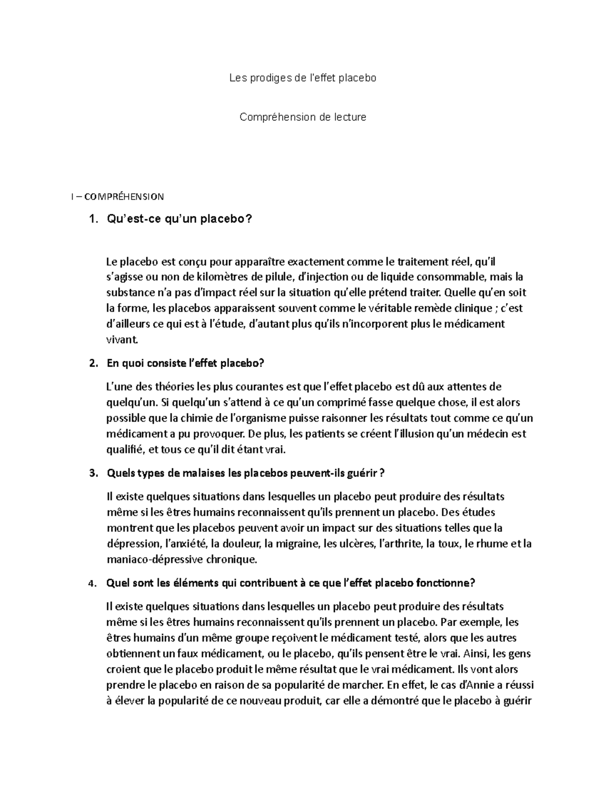 TP de lecture - course reading - Les prodiges de l’effet placebo ...