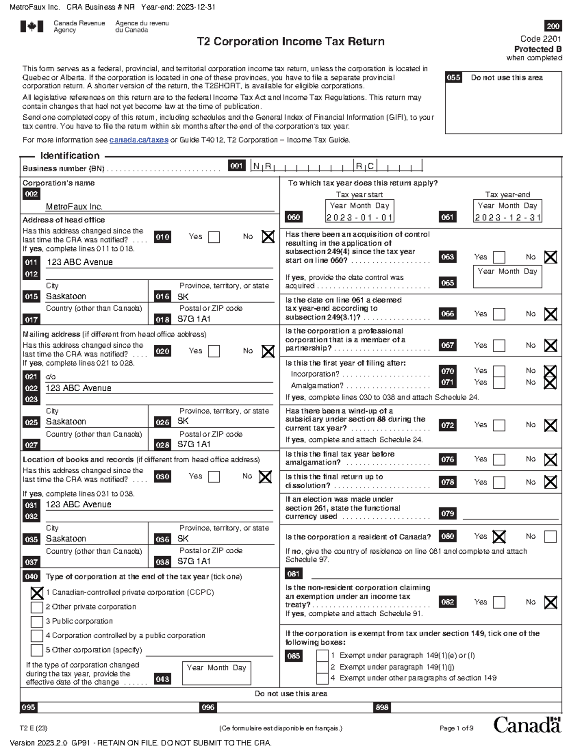 2023 T2 for Metro Faux Inc (20231231) - 200 Code 2201 Protected B when ...