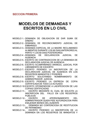 509474528 Modelos de Escritos Civiles - SECCION PRIMERA MODELOS DE DEMANDAS  Y ESCRITOS EN LO CIVIL - Studocu