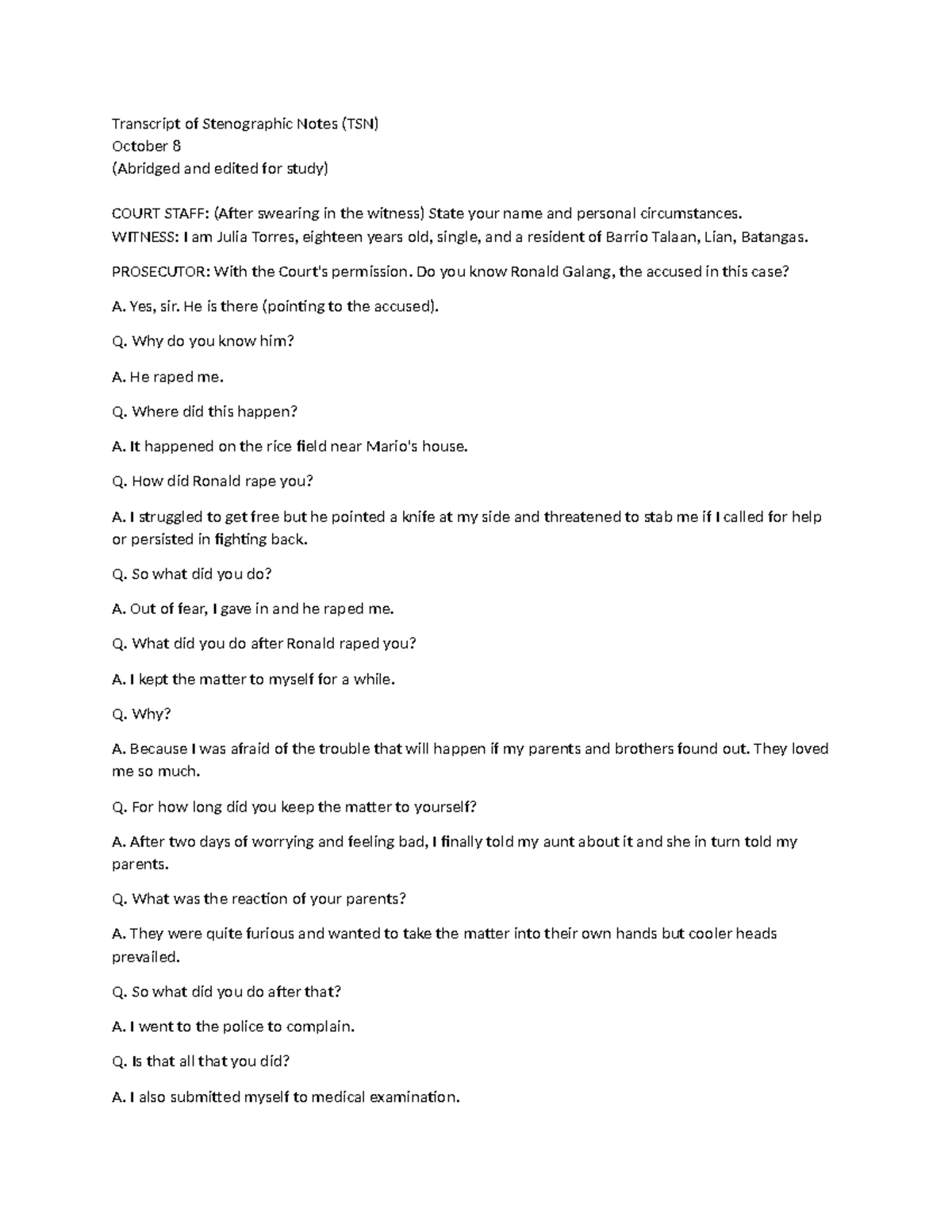 Transcript of Stenographic Notes - WITNESS: I am Julia Torres, eighteen ...
