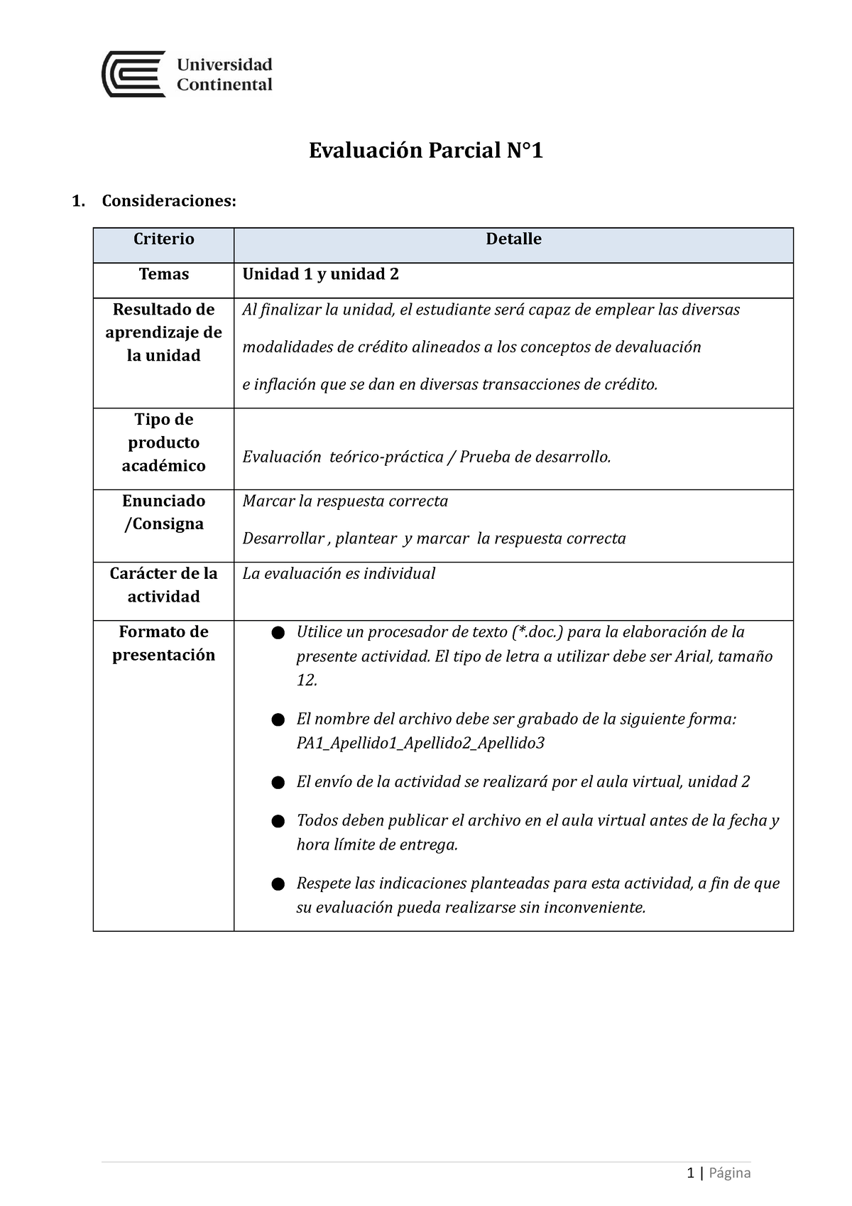 Examen Parcial - Evaluación Parcial N° 1. Consideraciones: Criterio ...