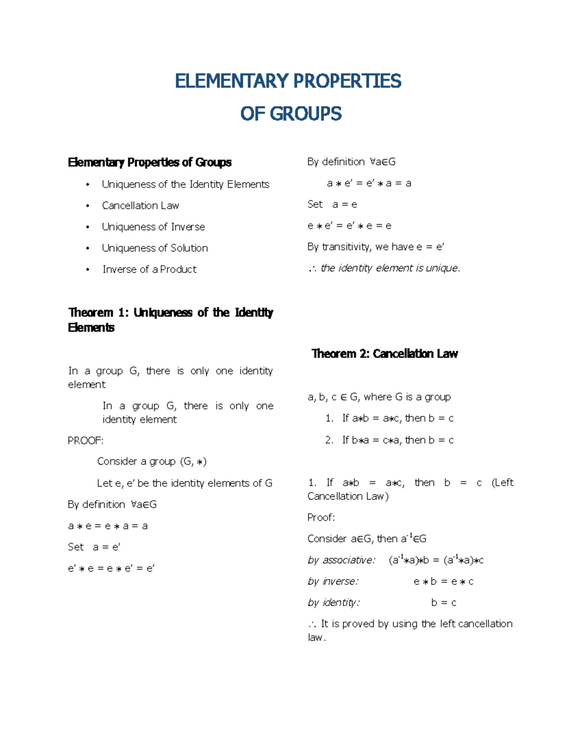 elementary properties of groups with examples