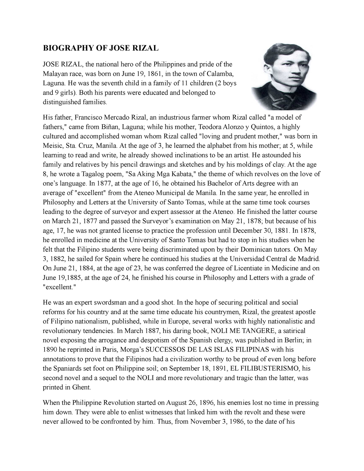 Biography Of Jose Rizal Biography Of Jose Rizal Jose Rizal The National Hero Of The 4264