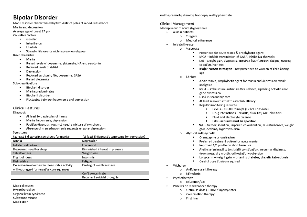 Bipolar 322 notes - Bipolar Disorder Mood disorder characterised by two ...