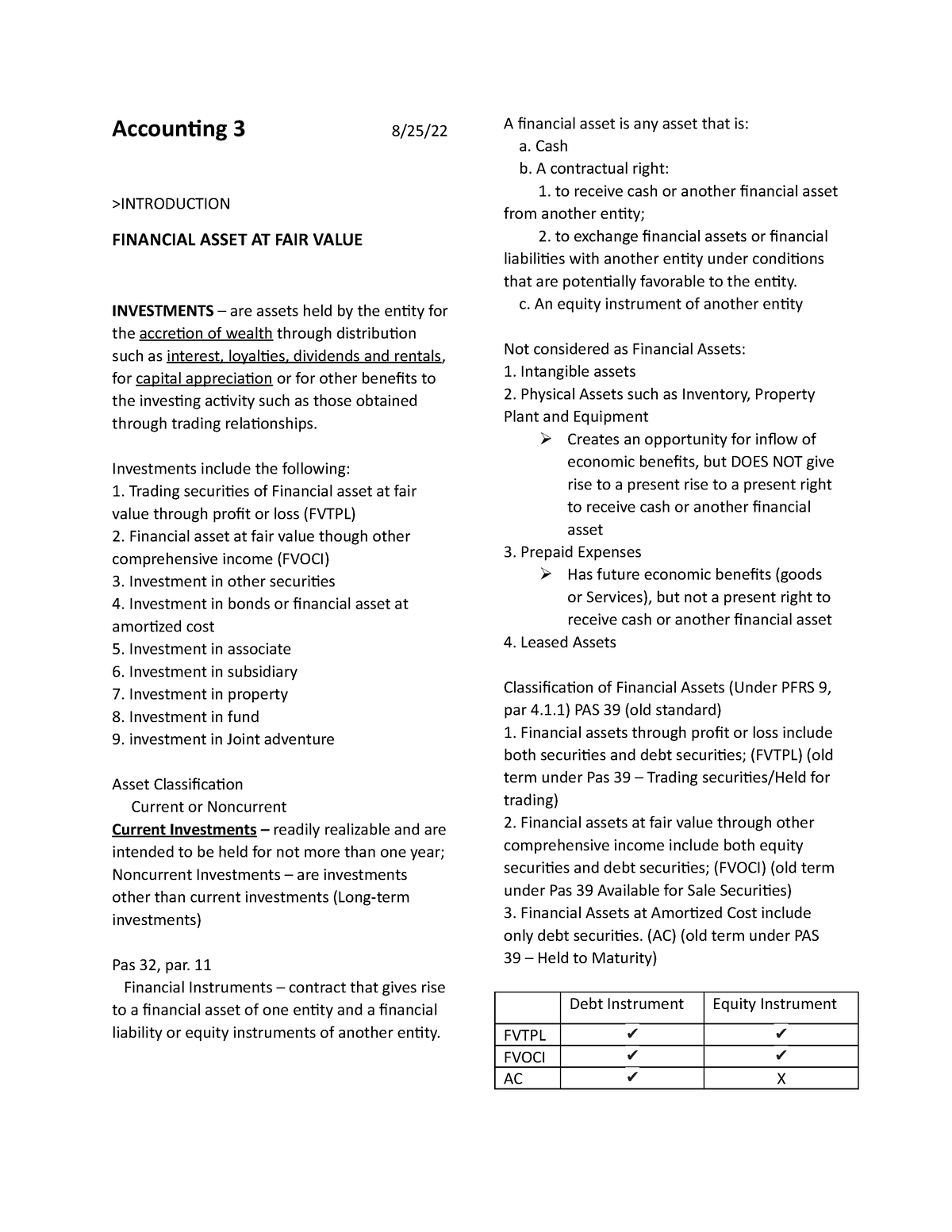 A3 Financial Asset - Acctg Lectures - Accounting 3 8/25/ >INTRODUCTION ...