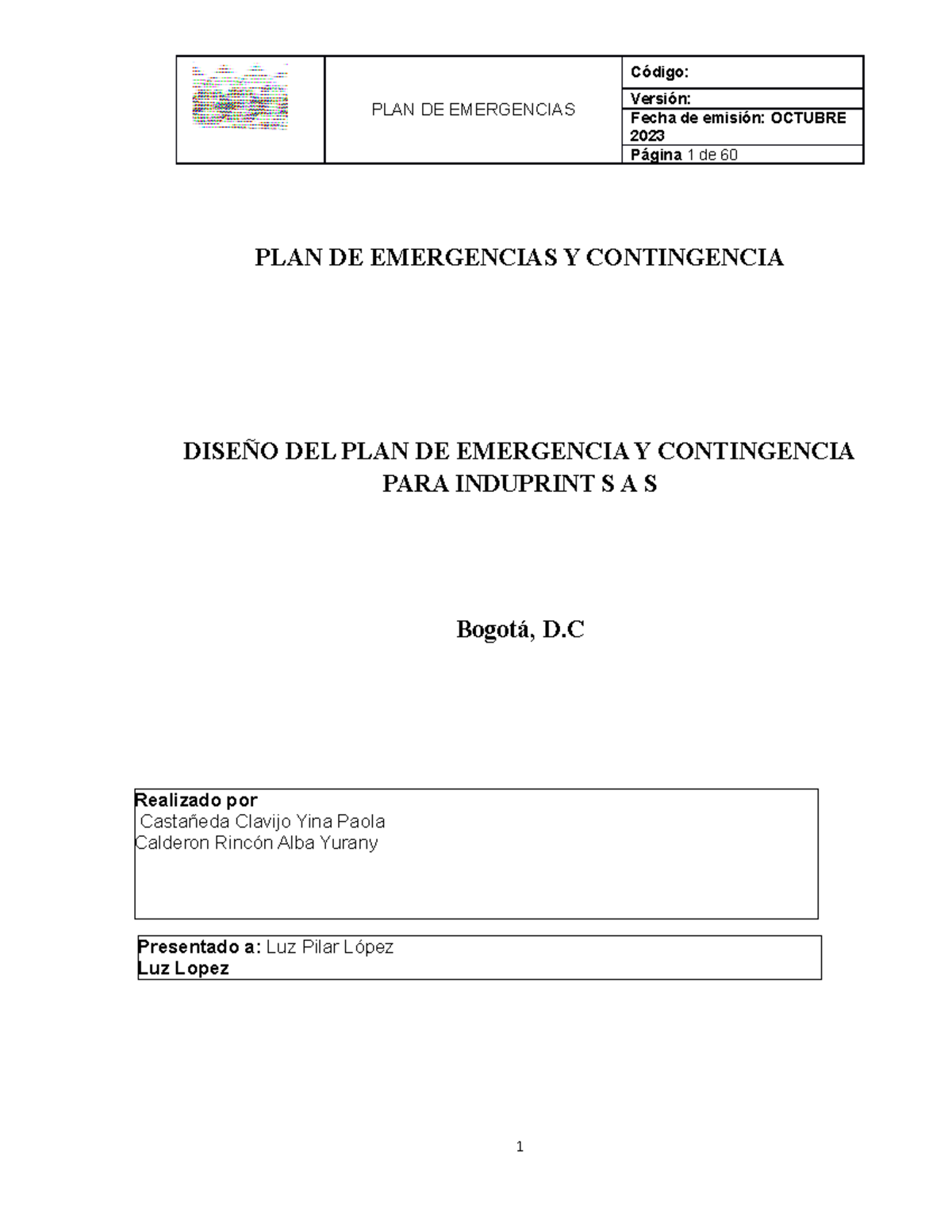 Plan de emergencia Induprint Final - Presentado a: Luz Pilar López Luz ...