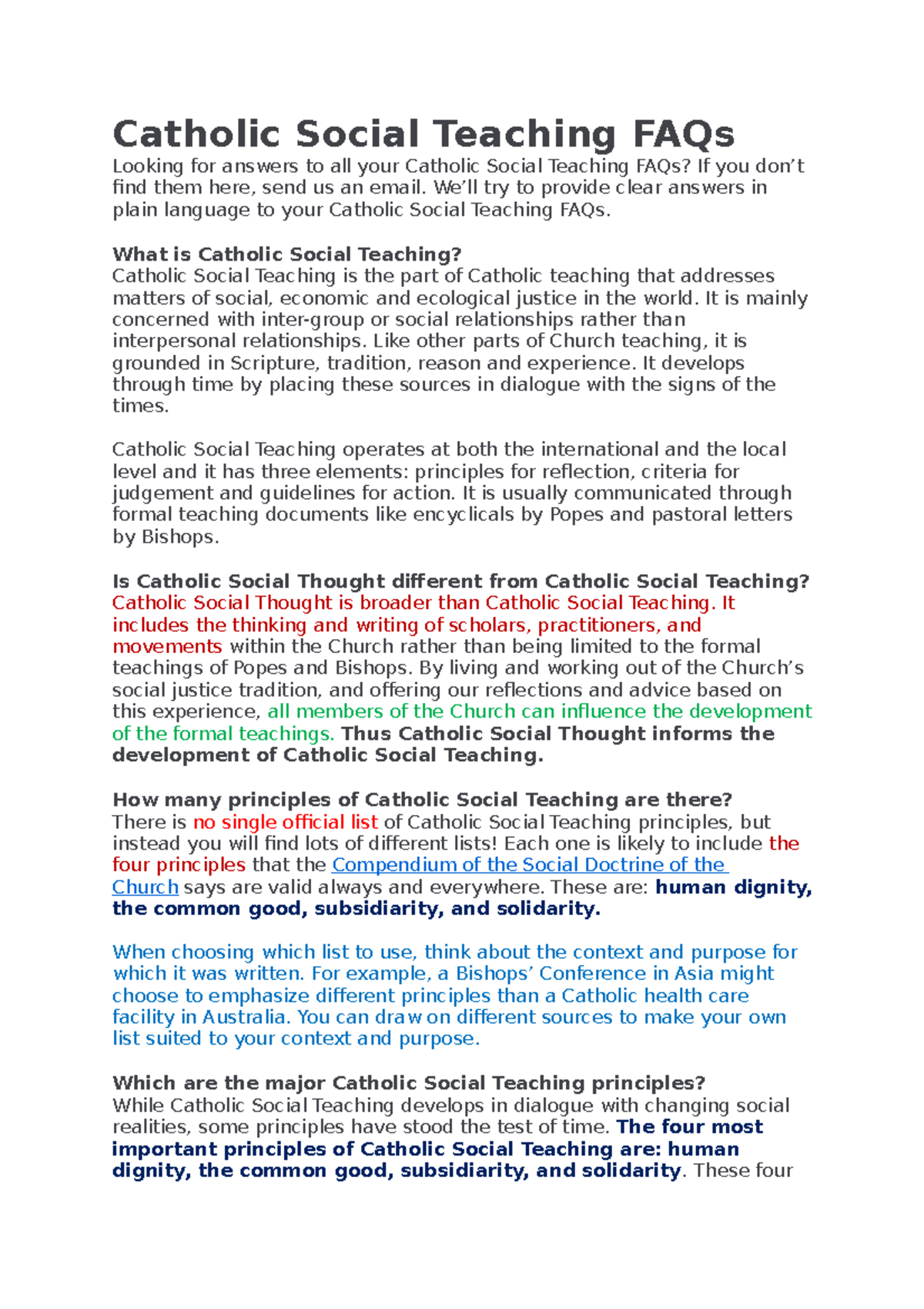 Catholic Social Teaching FAQs- Highlighted - Catholic Social Teaching ...