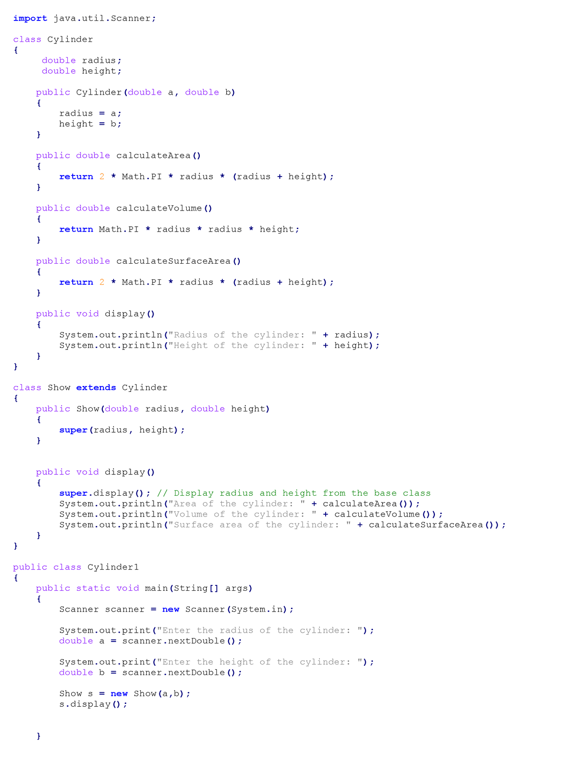 Method override - java program - import java.util; class Cylinder ...