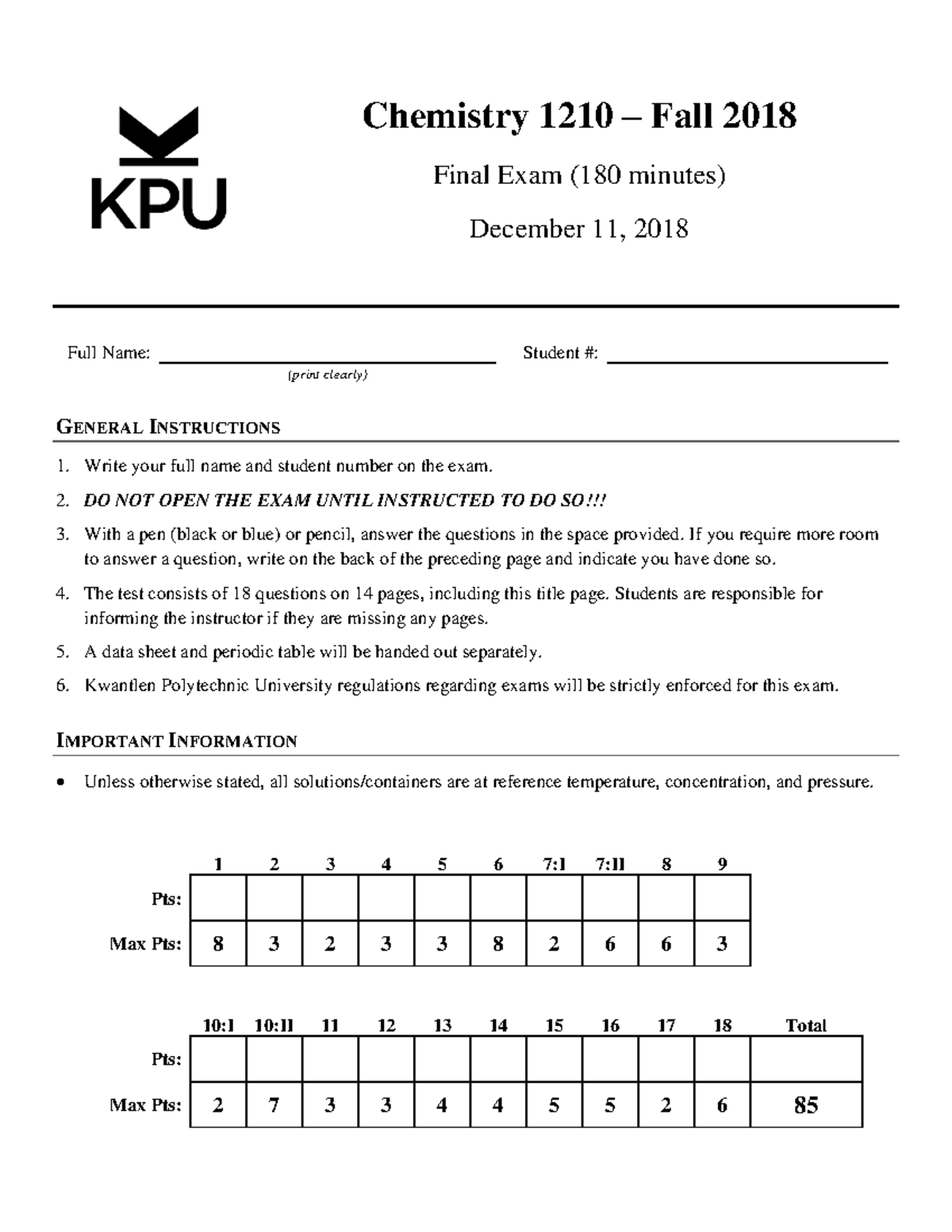 1210 18-3 F - practice - Chemistry 1210 – Fall 2018 Final Exam (180 ...