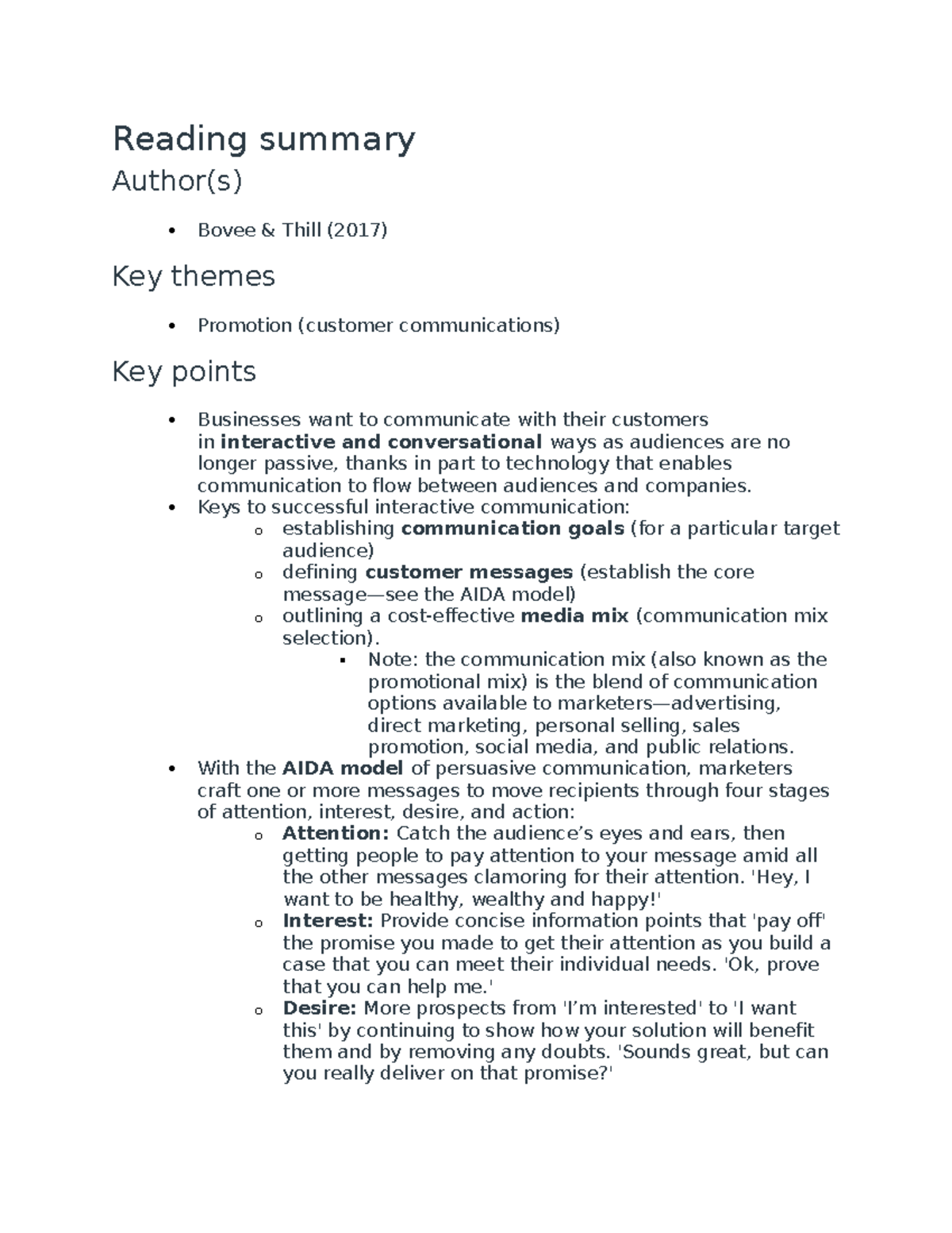 Bus 112 reading notes - Reading summary Author(s) Bovee & Thill (2017 ...