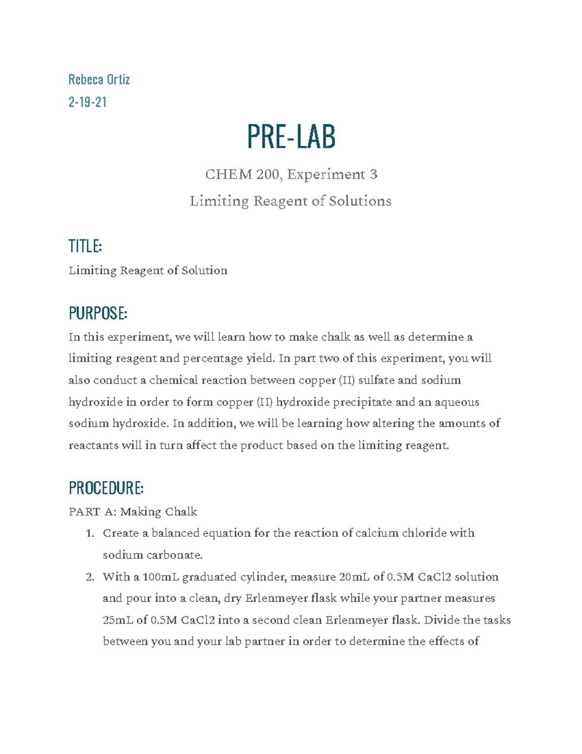 Limiting Reagent PreLab Rebeca Ortiz 219 PRELAB CHEM 200