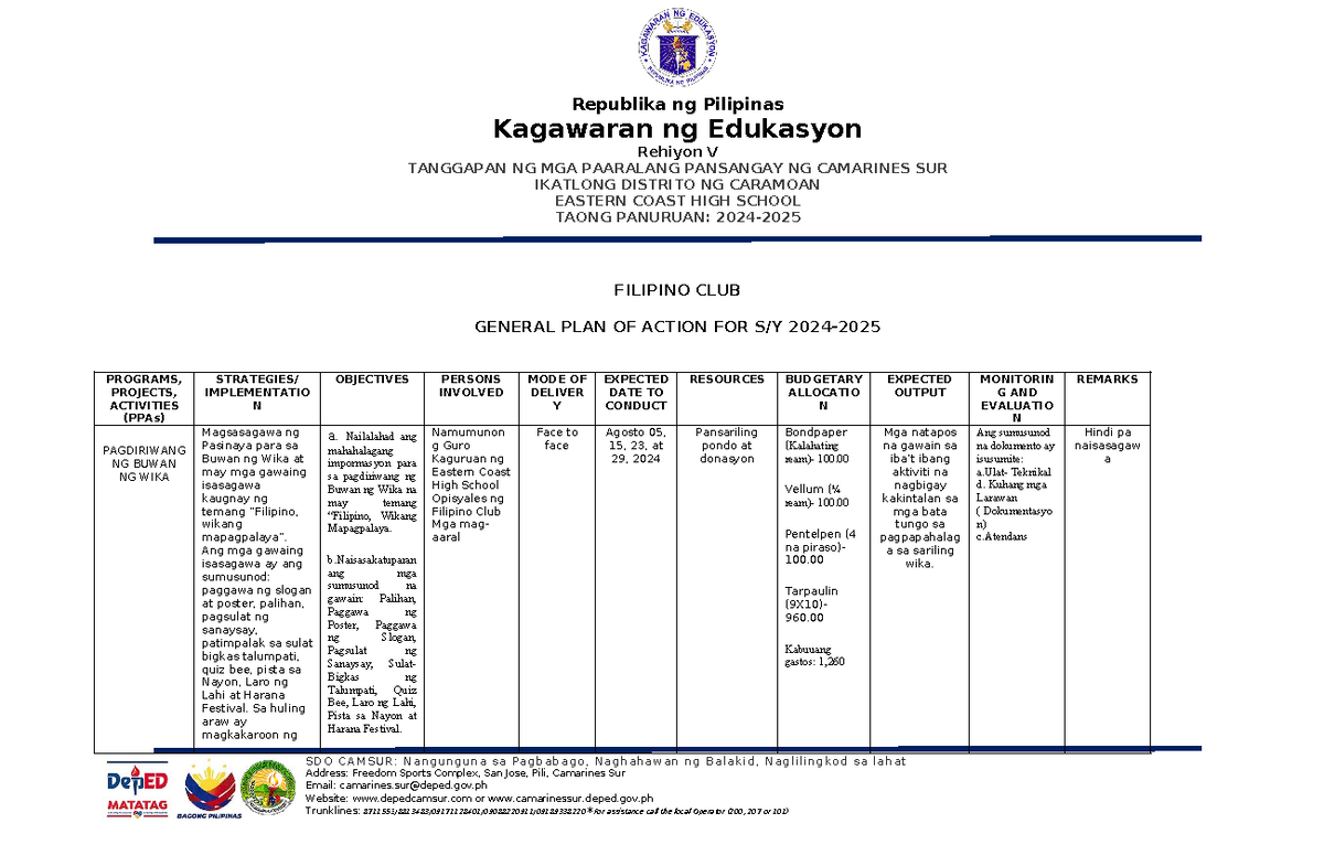 Filipino CLUB GPOA FOR Clubs AND Organization - Kagawaran ng Edukasyon ...