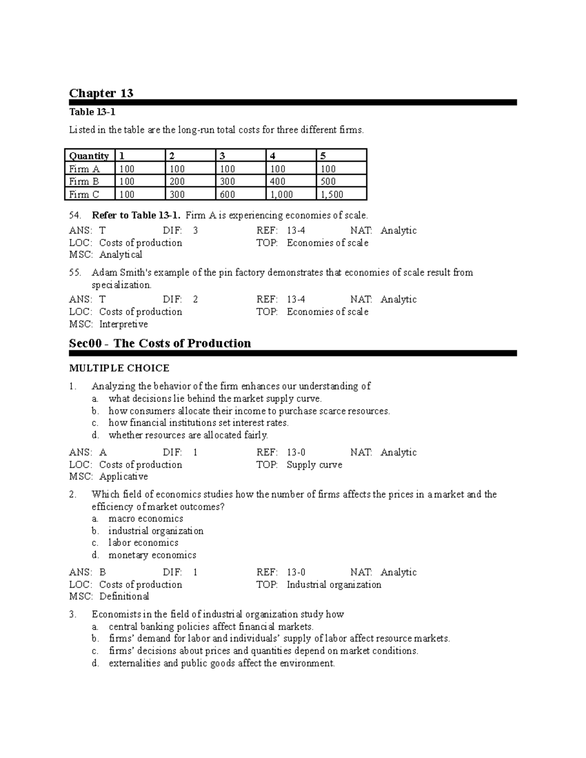 ECO 111 chapter 13 Final testbank - Chapter 13 Table 13- Listed in the ...