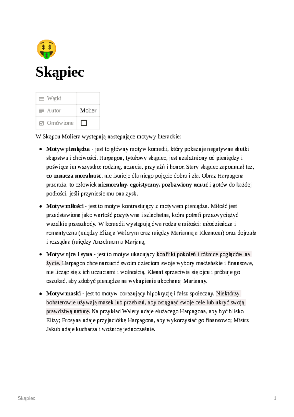 Skąpiec Molier - Skąpiec 1 A Skąpiec Wątki Autor Molier Omówione W
