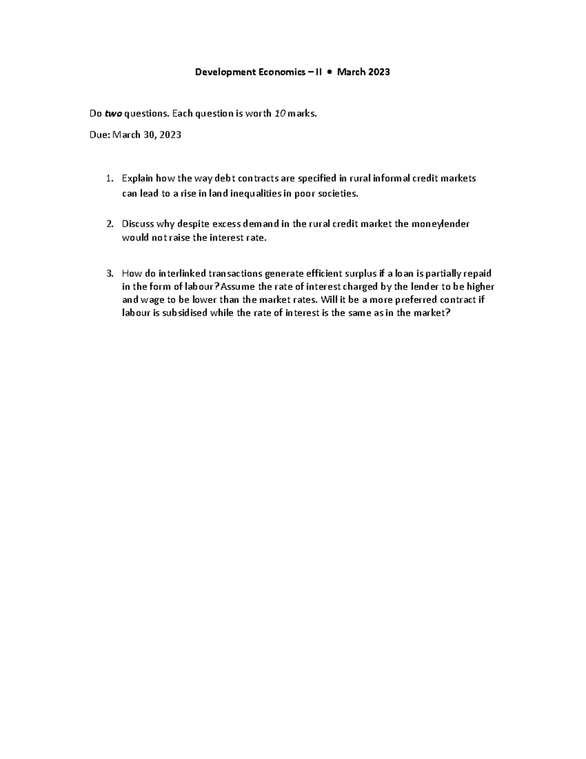 DE - II Assignment Test 2 March 2023 - Development Economics – II ...