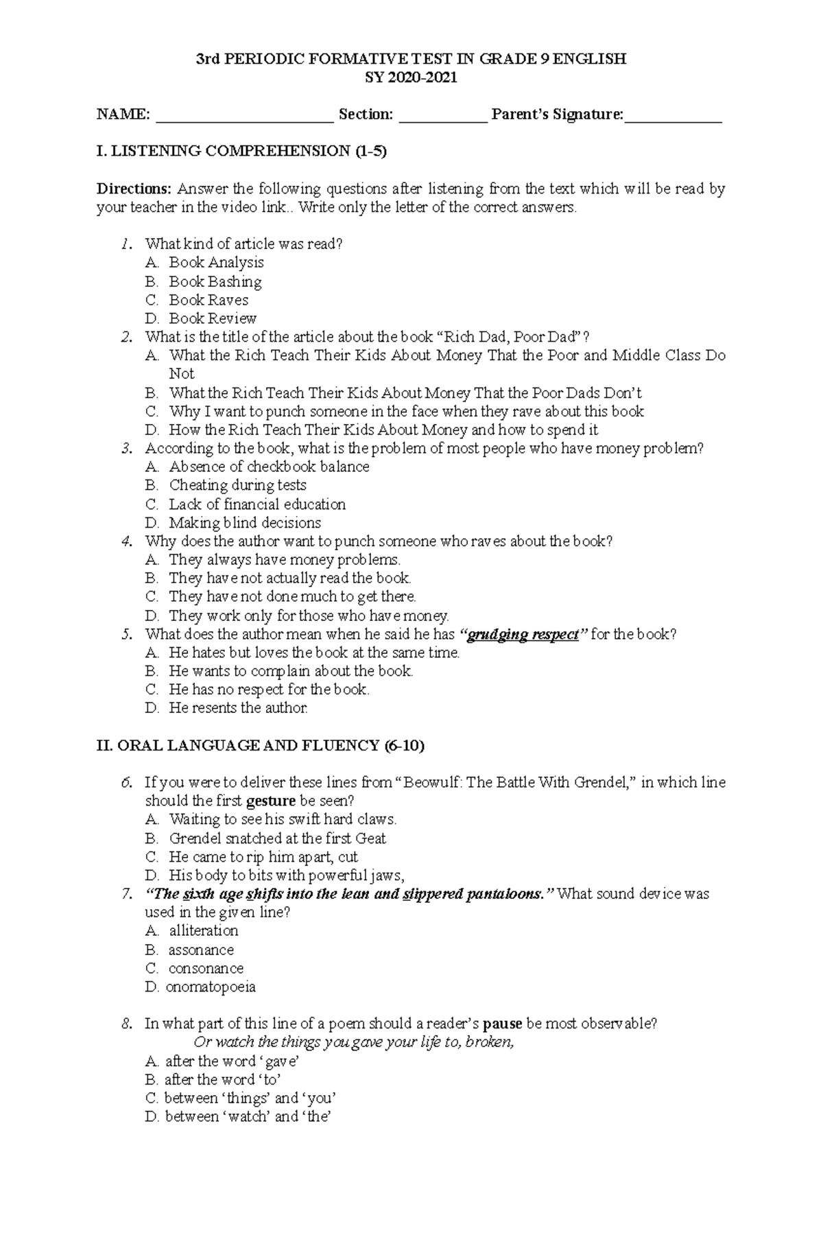 1st Periodic Test - English 9 - 3rd PERIODIC FORMATIVE TEST IN GRADE 9 ...