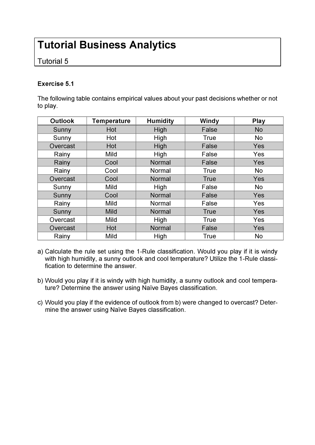 Tutorial 05 Exercise Sheet - Tutorial Business Analytics Tutorial 5 ...