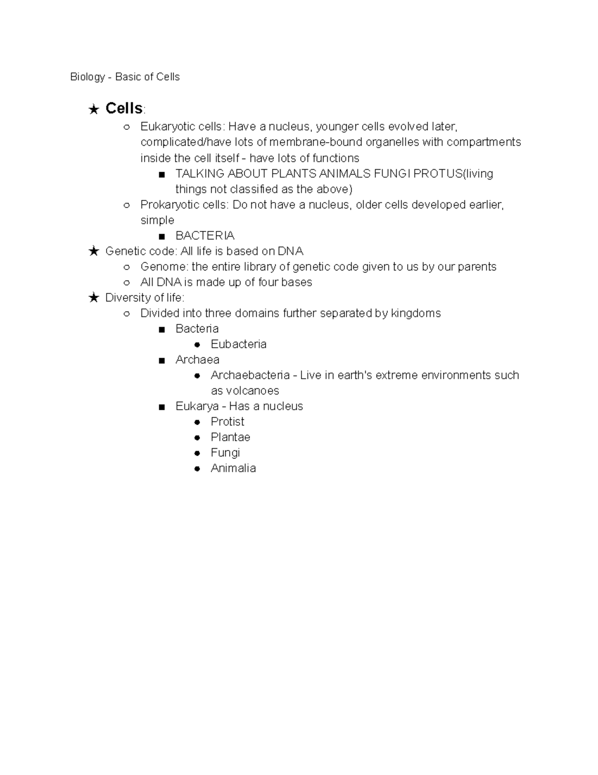 Biology - Basic of Cells - Studocu
