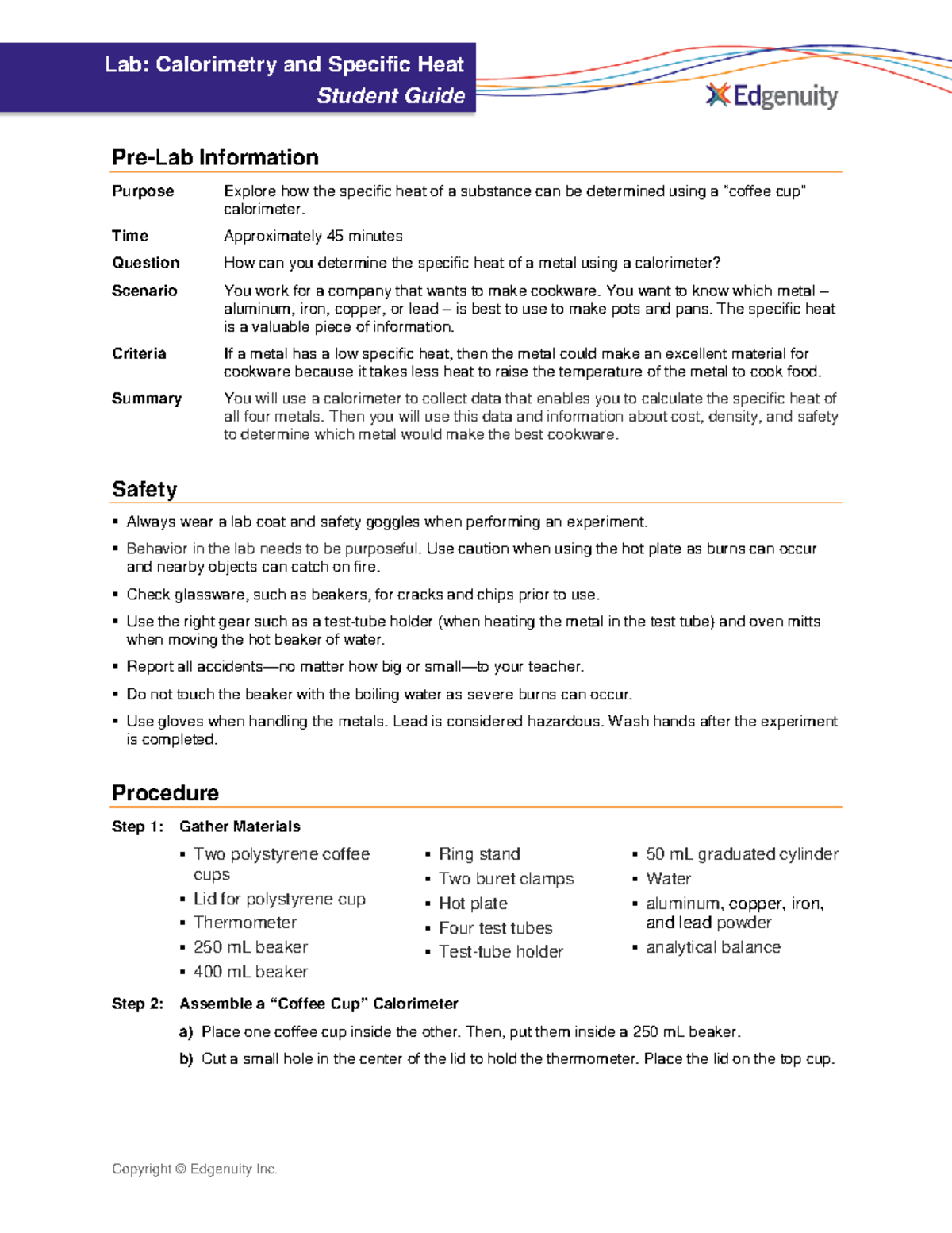 3210 07 04 student guide - Copyright © Edgenuity Inc. Lab: Calorimetry ...