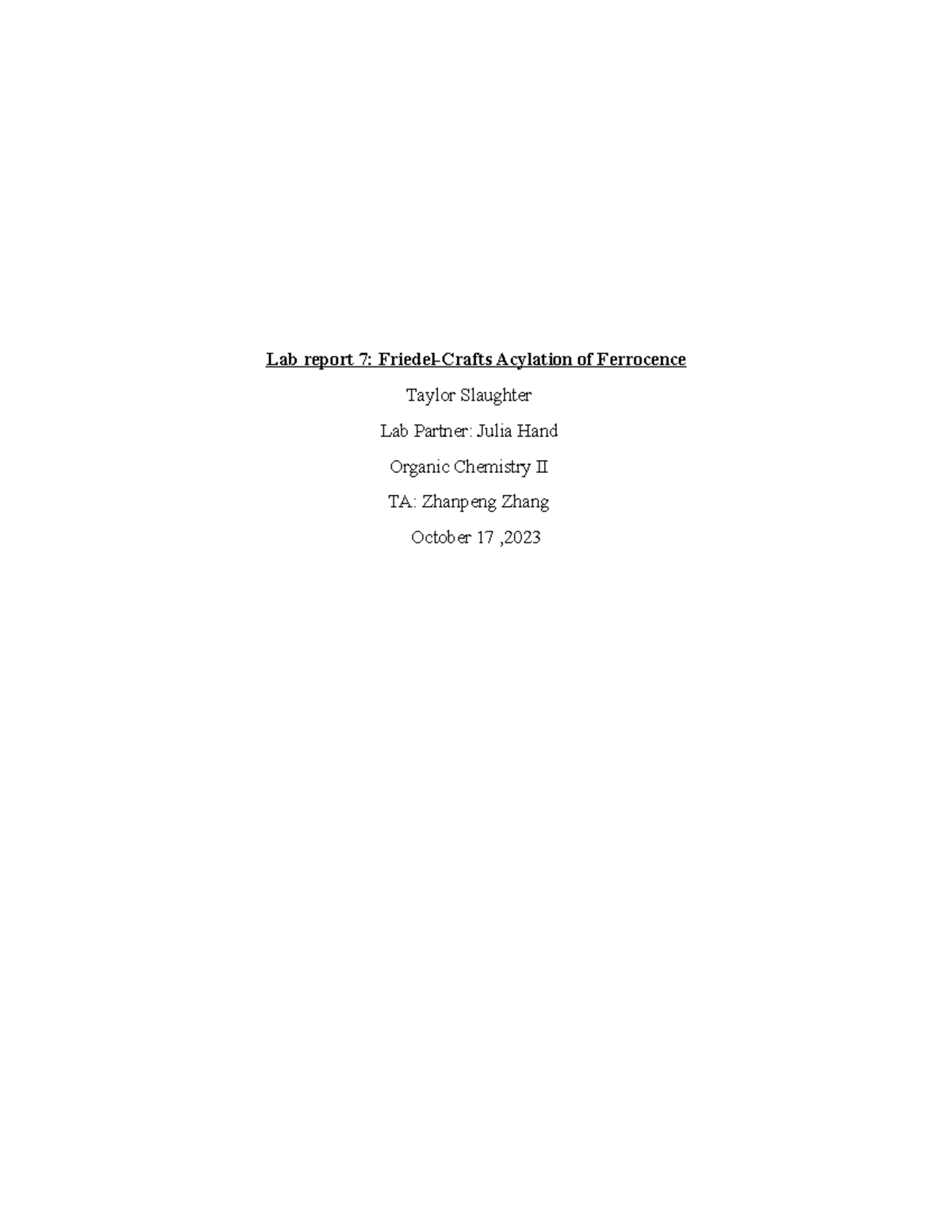 Lab report 7 Friedel-Crafts Acylation of Ferrocene - Lab report 7 ...