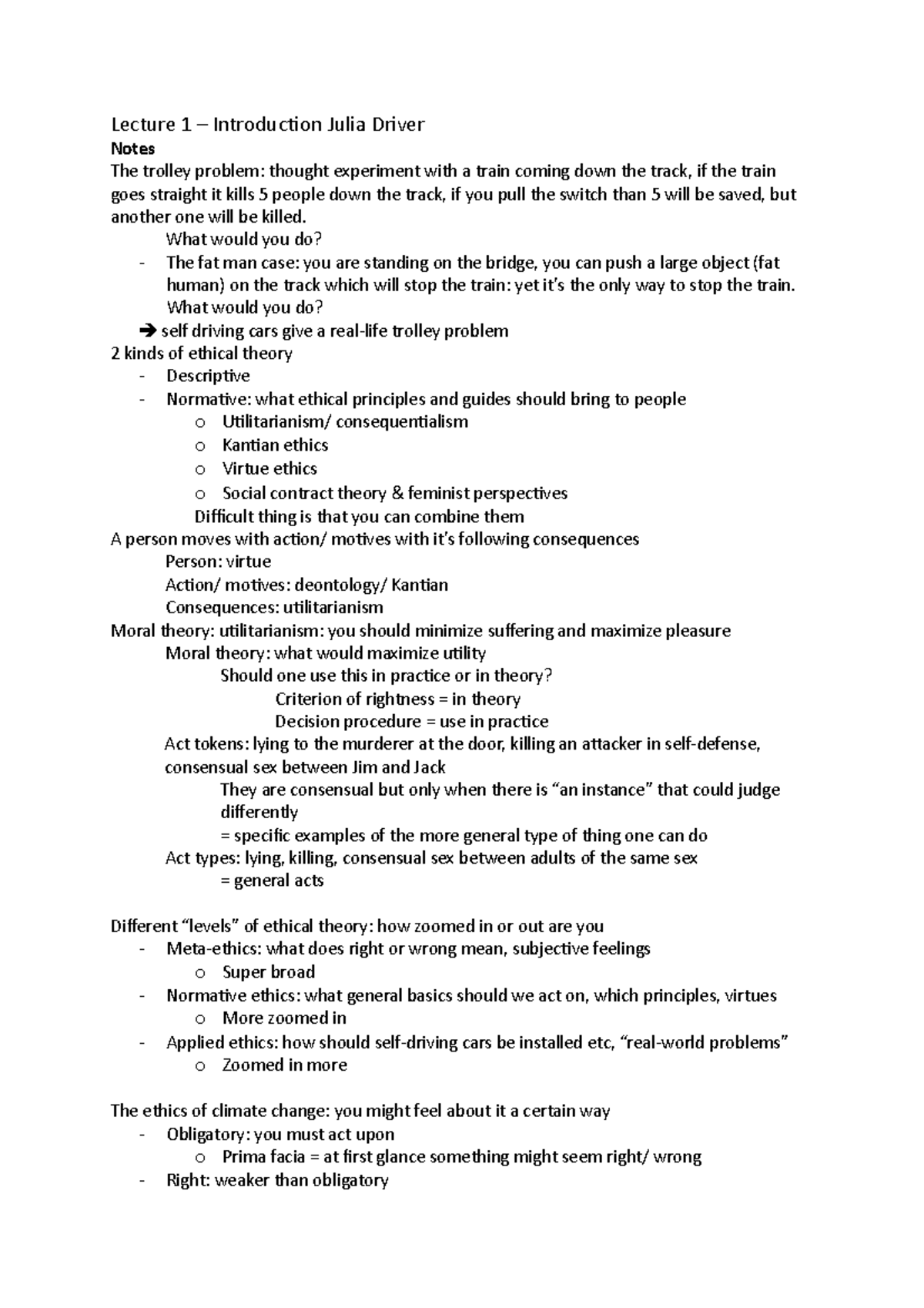 Introduction to Ethics - Lecture 1 – Introduction Julia Driver Notes ...