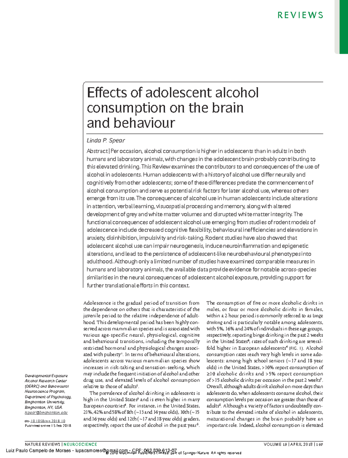 Effects of adolescent alcohol consumption on the brain and behaviour ...