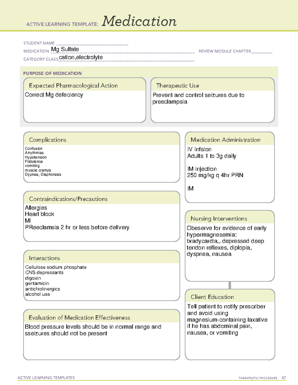 Magnesium Sulfate Growth and Development ACTIVE LEARNING TEMPLATES THERAPEUTIC PROCEDURE A