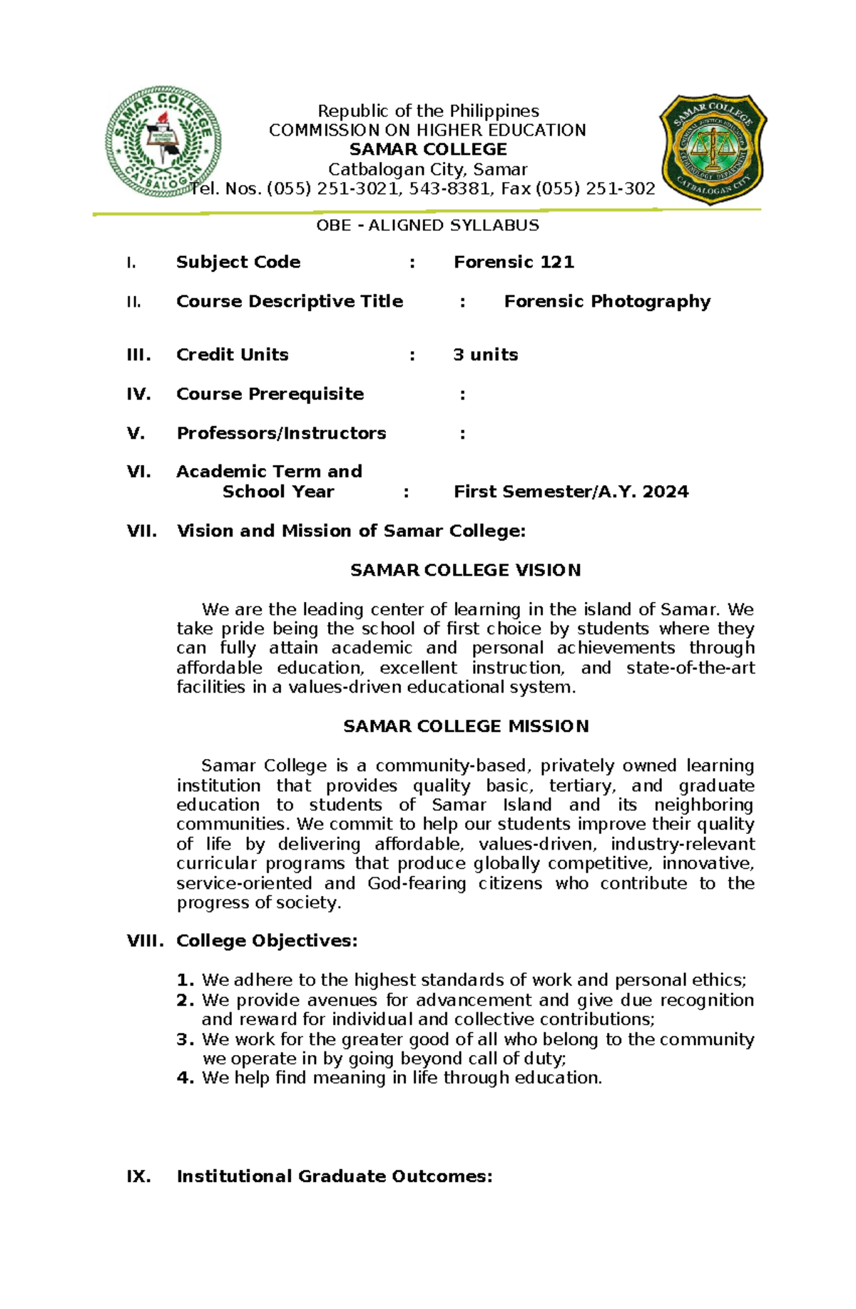 Forensic 121 Syllabus - wdwdeff - Republic of the Philippines ...