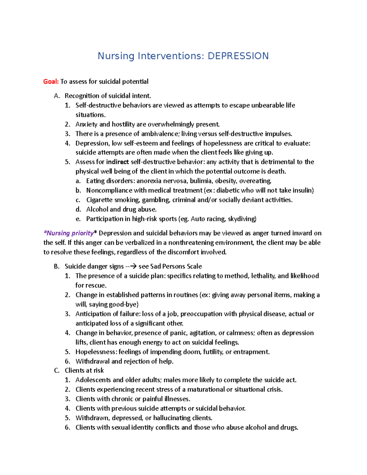 Depression Nursing Interventions Nursing Interventions DEPRESSION