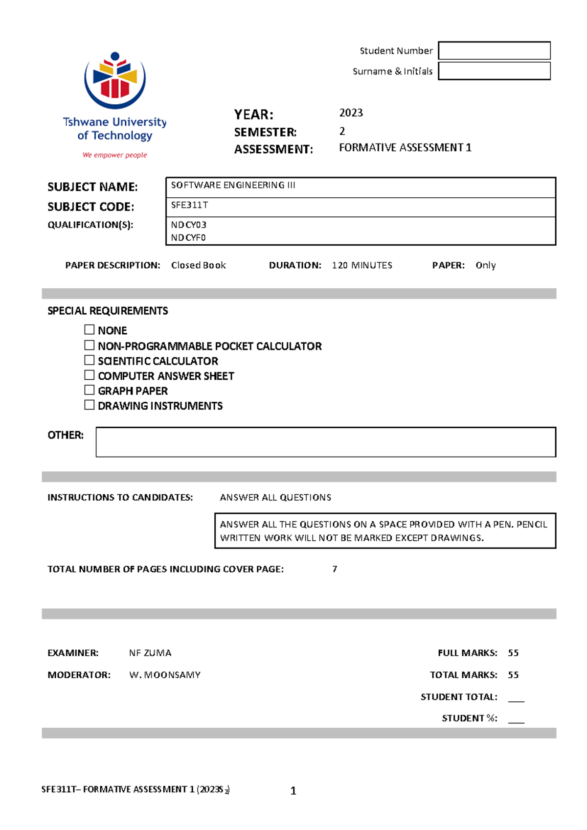 SFE311T Formative Test 1 - YEAR: Student Number Surname & Initials 2023 ...