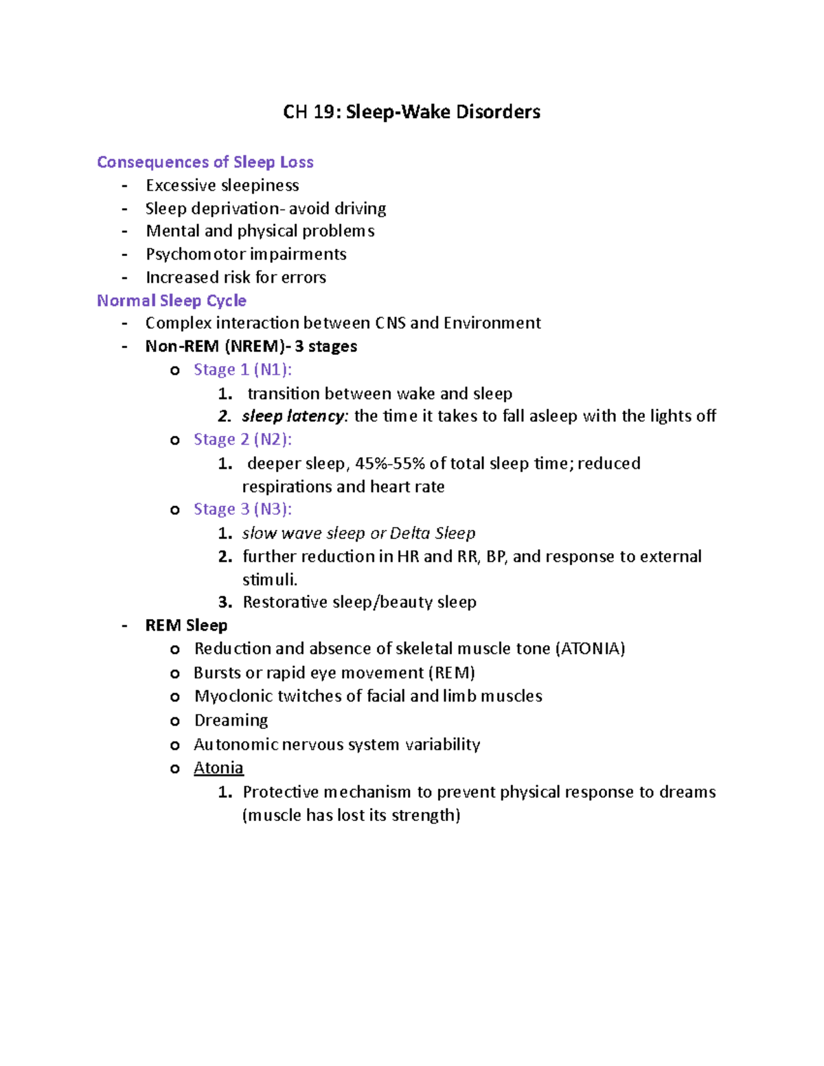 CH 19 sleep disorders - notes - CH 19: Sleep-Wake Disorders ...