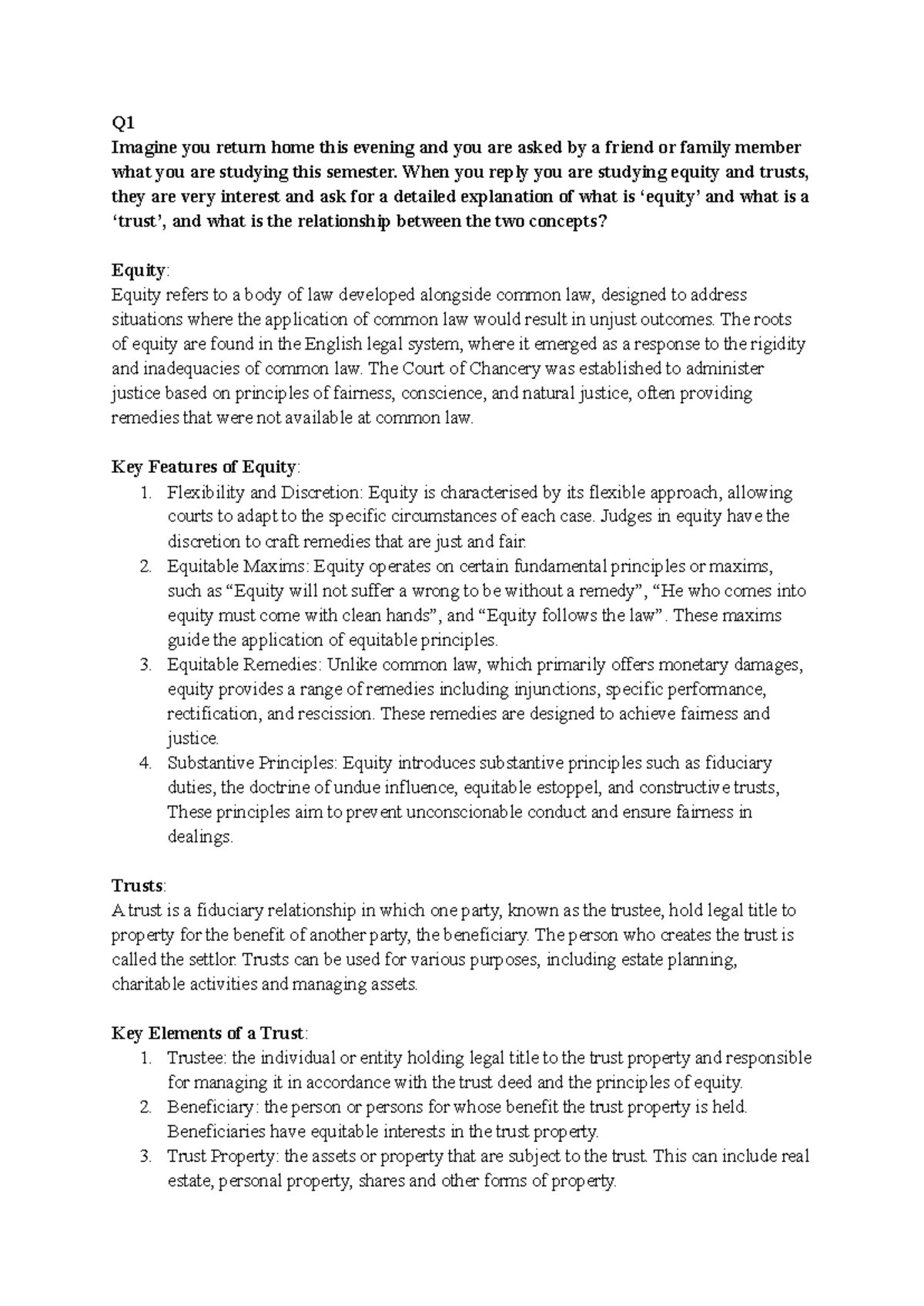 Equity and Trusts Week 1 (Tutorial Questions) - Q Imagine you return ...