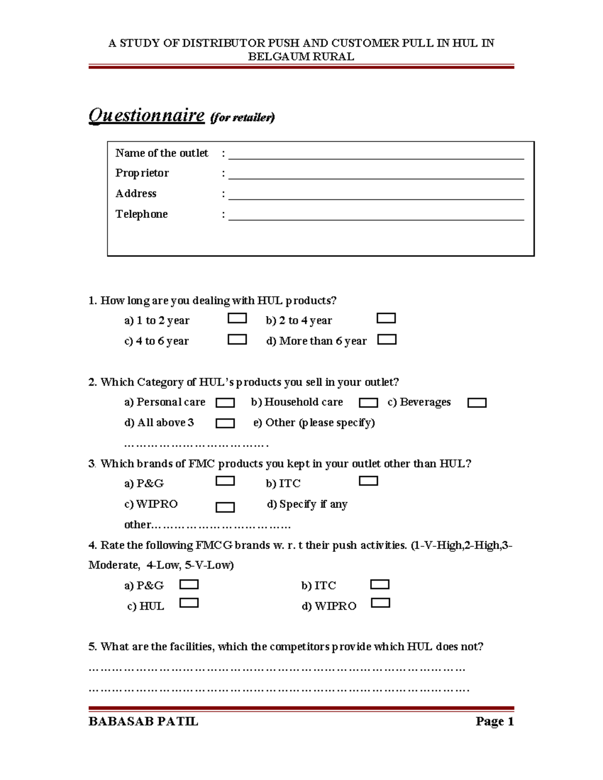 Push Pull Strategy Lecture notes NA BELGAUM RURAL Questionnaire