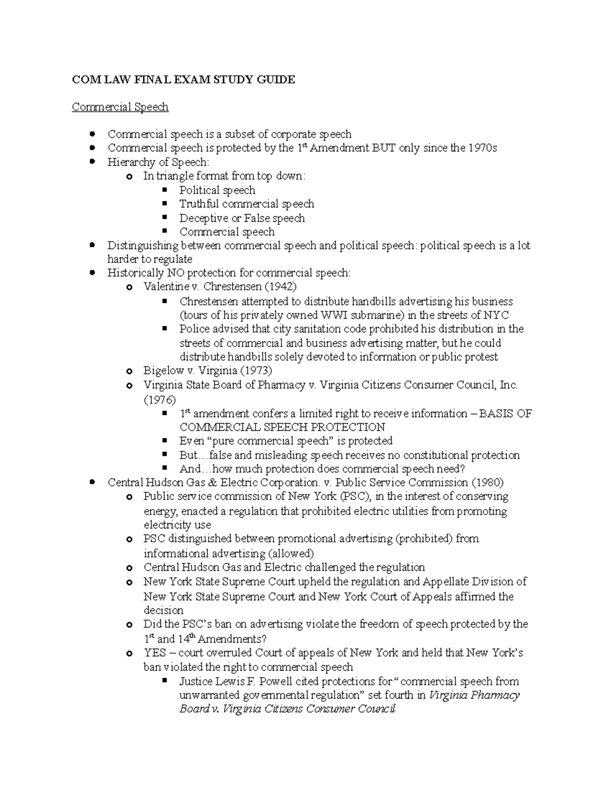 COM LAW Final EXAM Study Guide COM LAW FINAL EXAM STUDY GUIDE