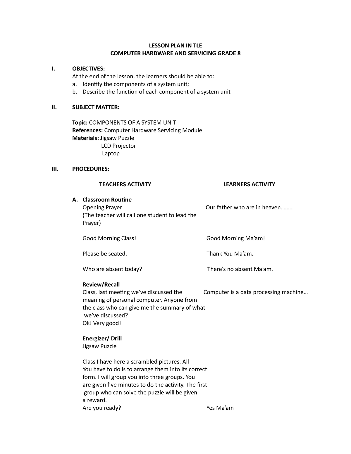 Lesson PLAN IN TLE Computer Hardware AND - LESSON PLAN IN TLE COMPUTER ...