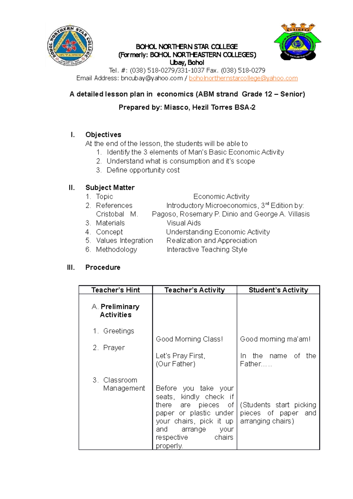 Lesson Plan(finale) - Lecture Notes 1 - Bohol Northern Star College 