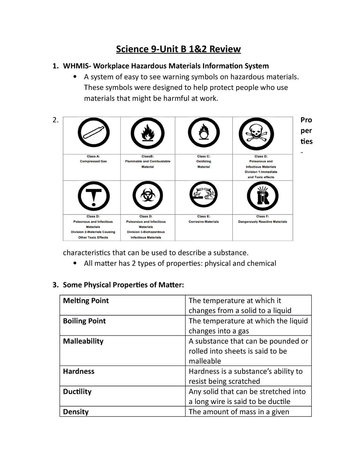 Unit B Quiz 1 &2 Study Guide - Science 9-Unit B 1&2 Review 1. WHMIS ...