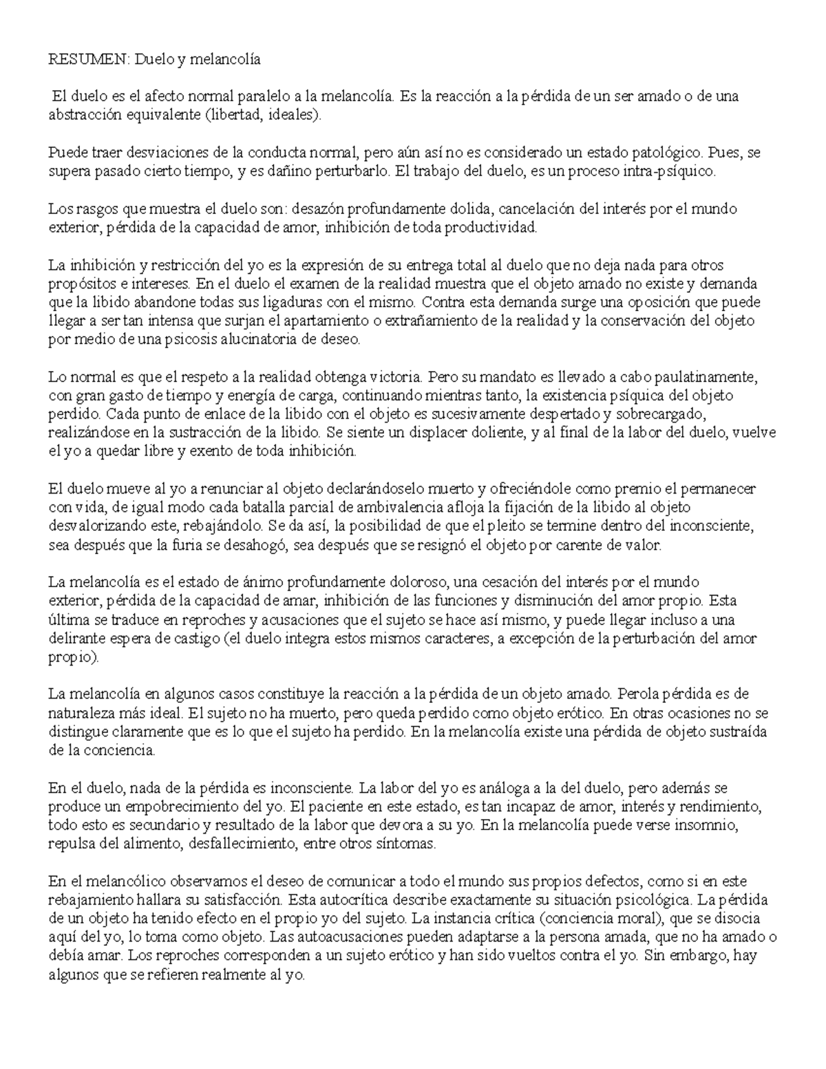 Duelo y melancolia - lalalala - RESUMEN: Duelo y melancolía El duelo es ...