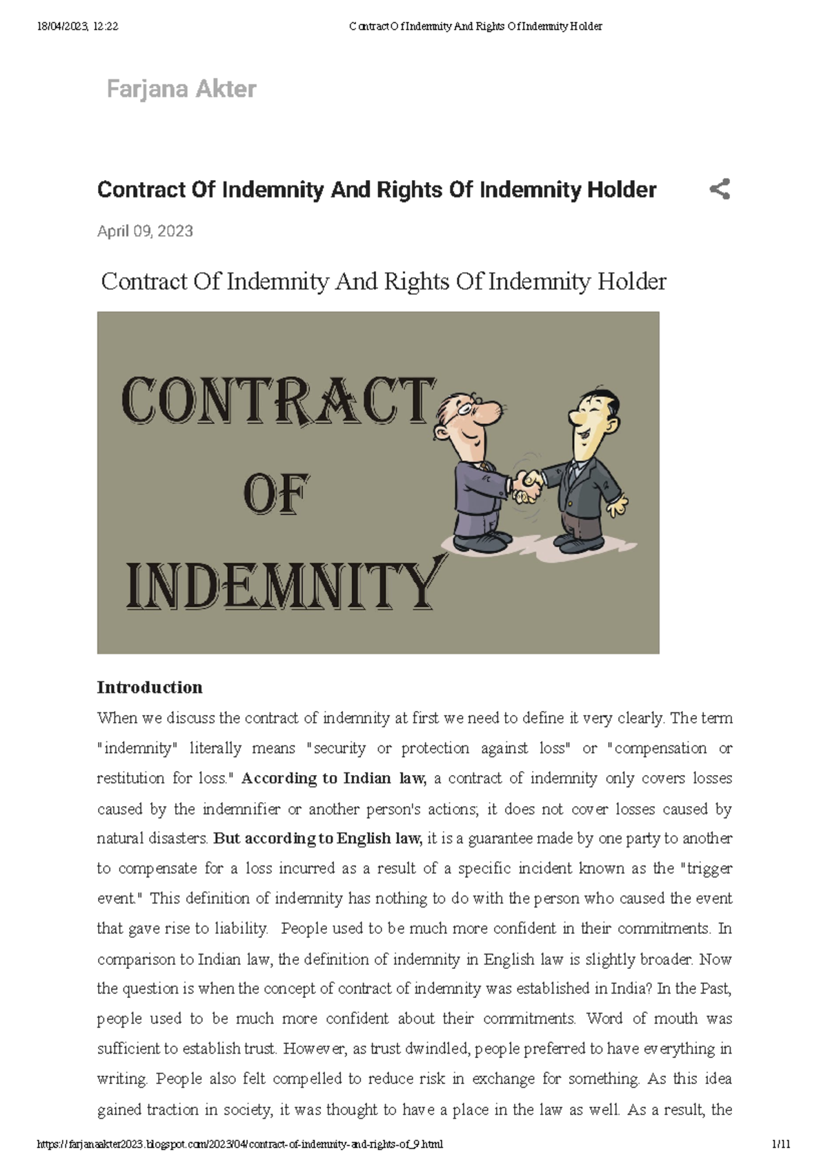 Contract Of Indemnity And Rights Of Indemnity Holder Farjana Akter Contract Of Indemnity And