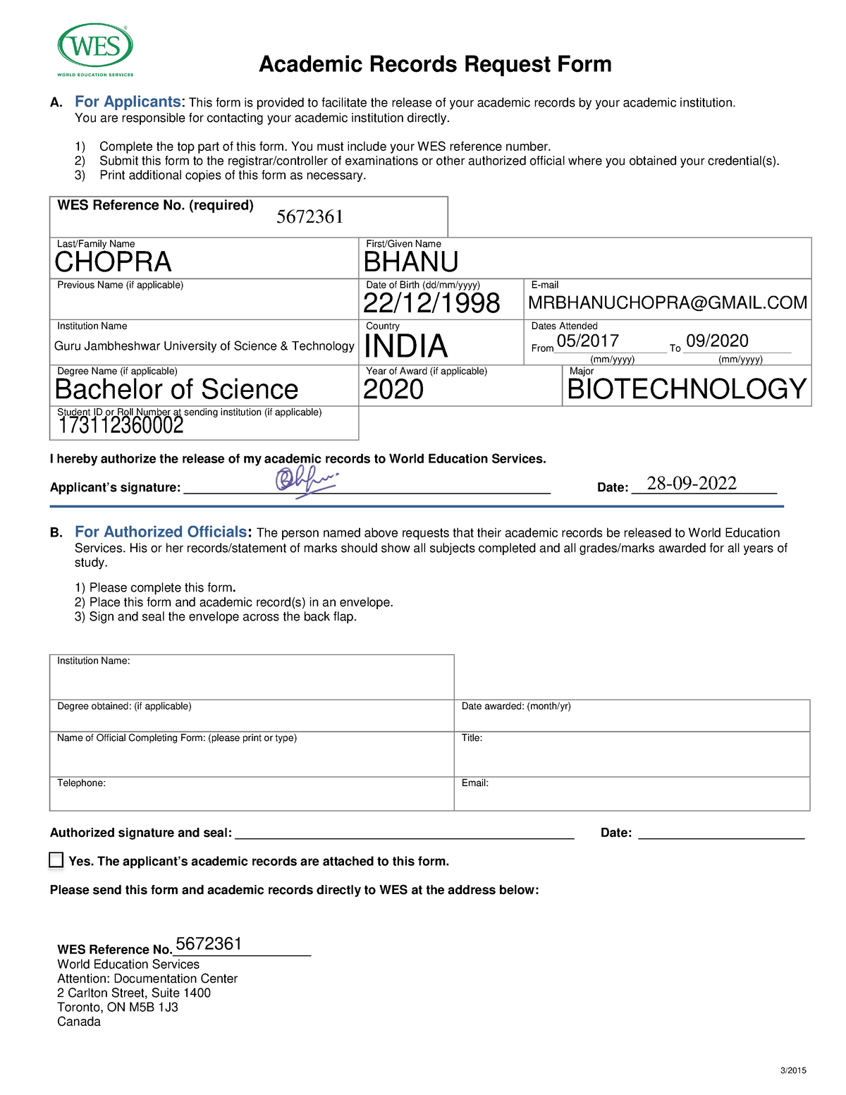 Wes Academic Records Request Form Canada 3 Academic Records Request Form A For Applicants